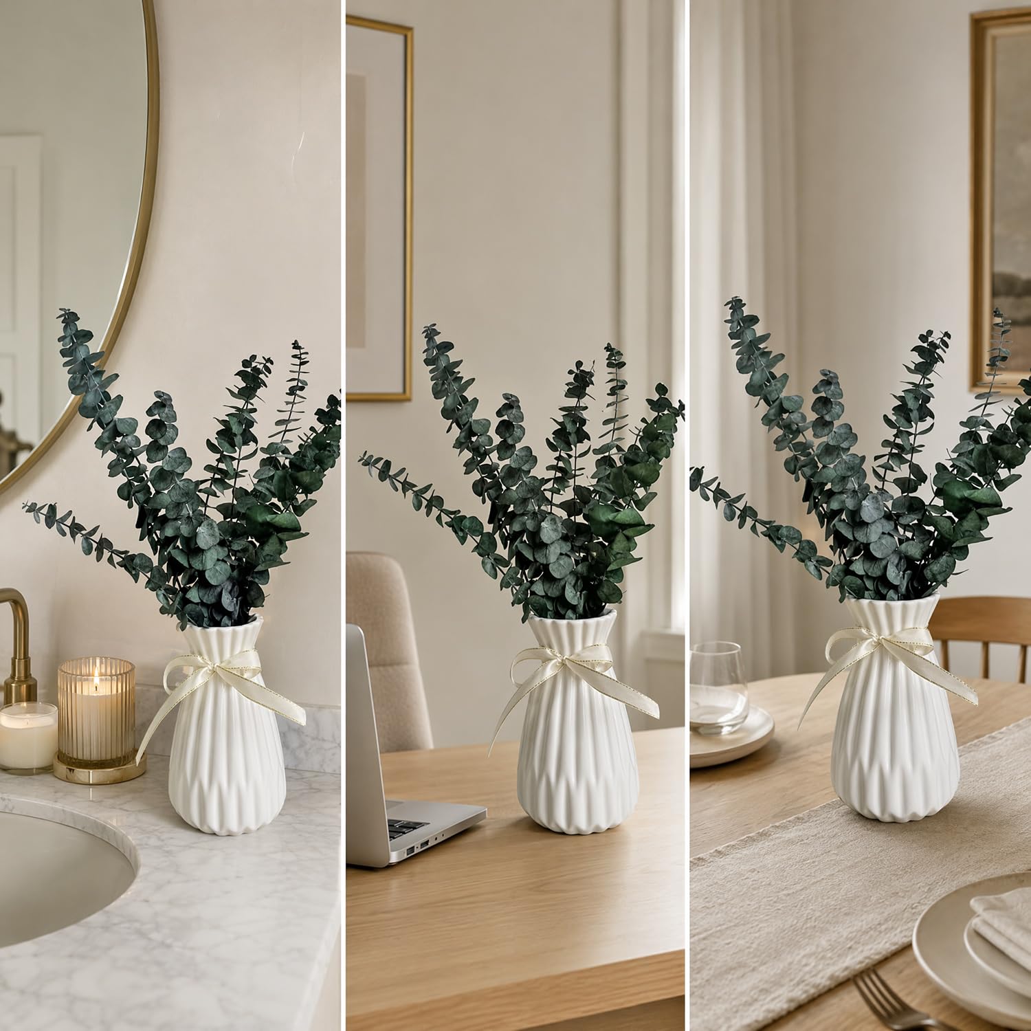 Lot de 10 véritables tiges d'eucalyptus séchées dans un vase en céramique pour décoration de douche et salle de bain, 33 cm