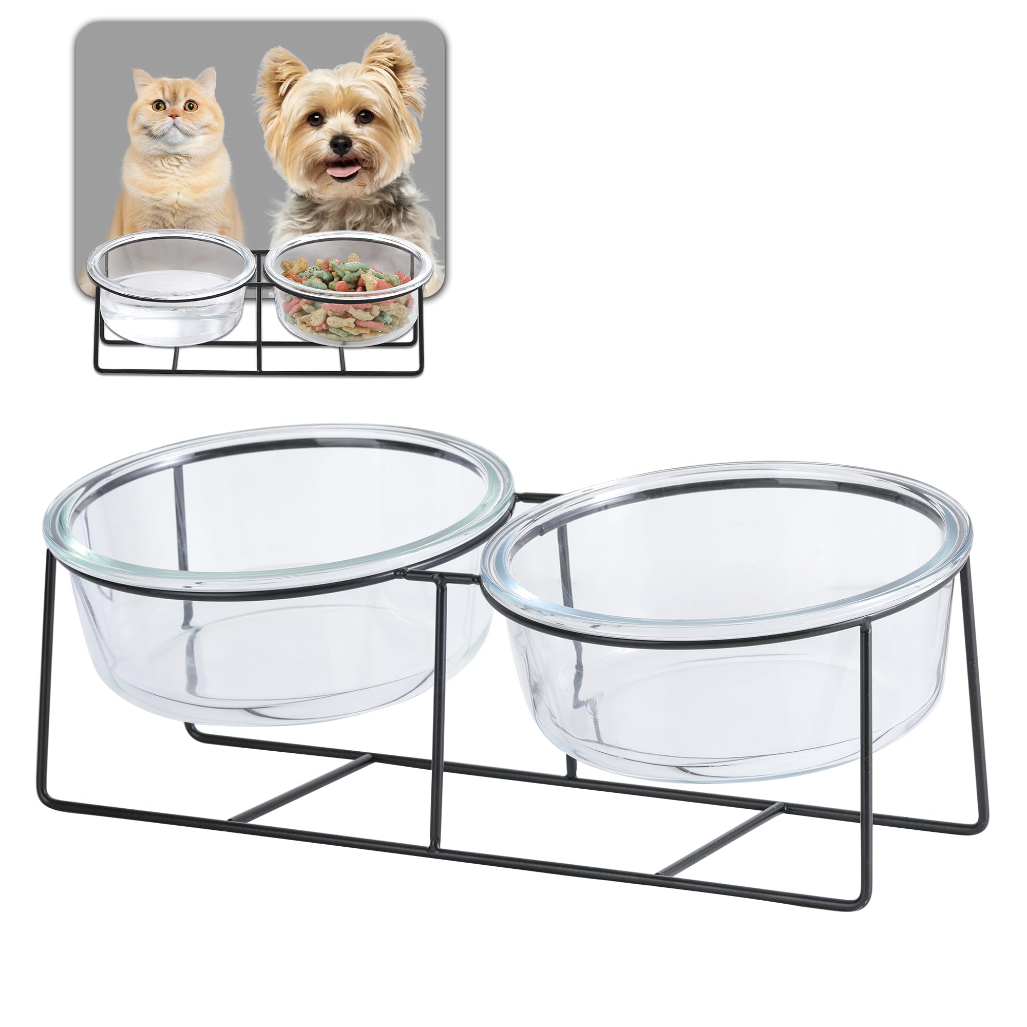Glass Cat Bowls - Elevated Cat Dog Bowls with Metal Stand for Water and Food - Double Tilted and Raised Pet Dish for Cats and Small Size Dogs - Microwave and Dishwasher Safe 460 ml× 2 — image 1
