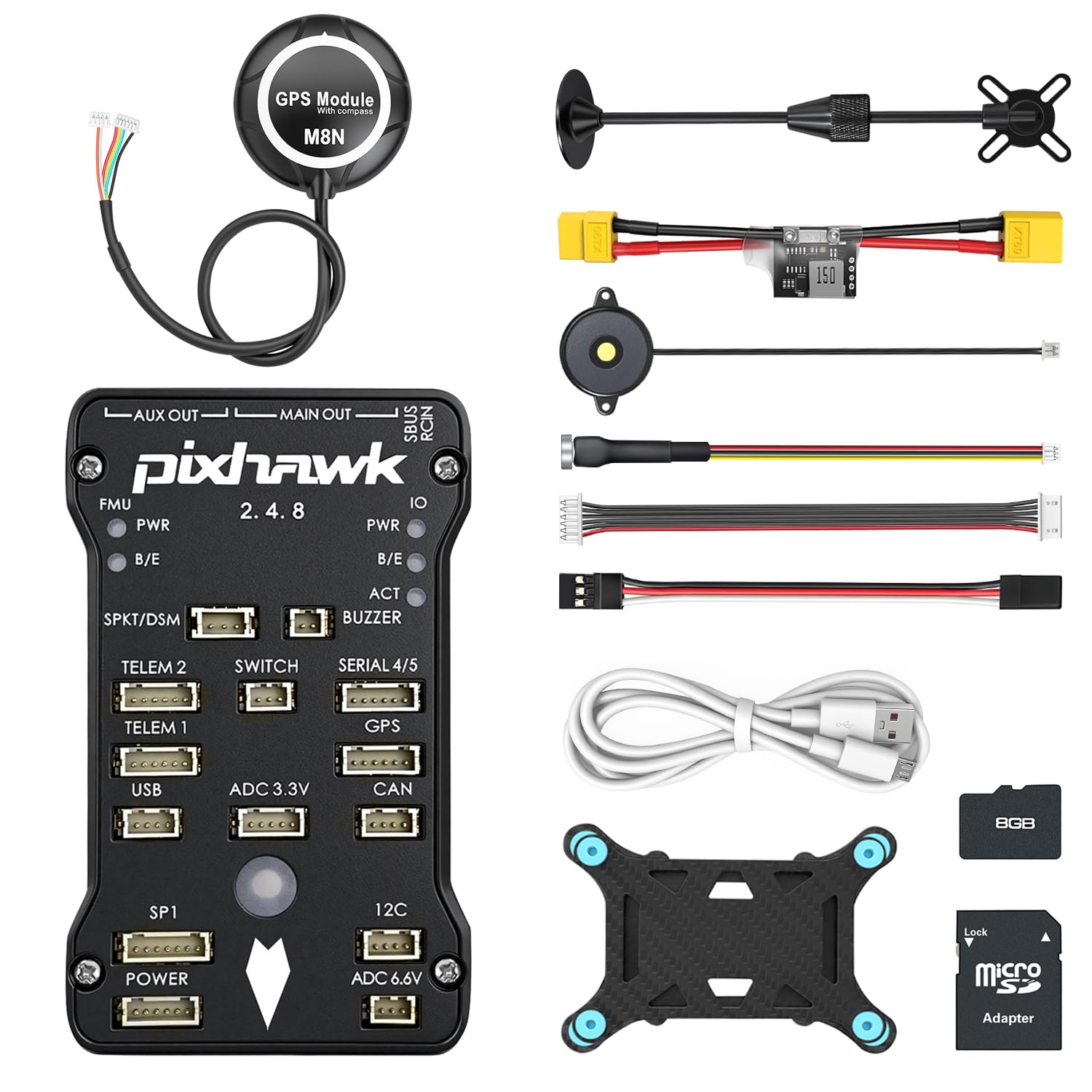 HAWK’S WORK Pixhawk PX4 Flight Controller, Pixhawk 2.4.8 Open Source Flight Control 32 Bit, Board + Power Module + Safety Switch + Buzzer + SD Card + Shock Absorber + GPS + Bracket — image 1