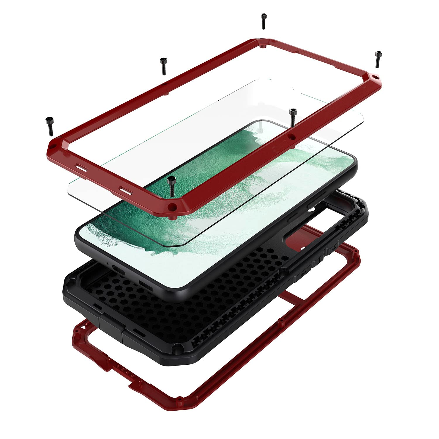 Marrkeyfor Galaxy S22 Case,Full Body Protective Cover Heavy Duty Shockproof Tough Armour Aluminum Alloy Metal Case with Silicone Built-in Screen Protector for Samsung Galaxy S22 6.1" - Red