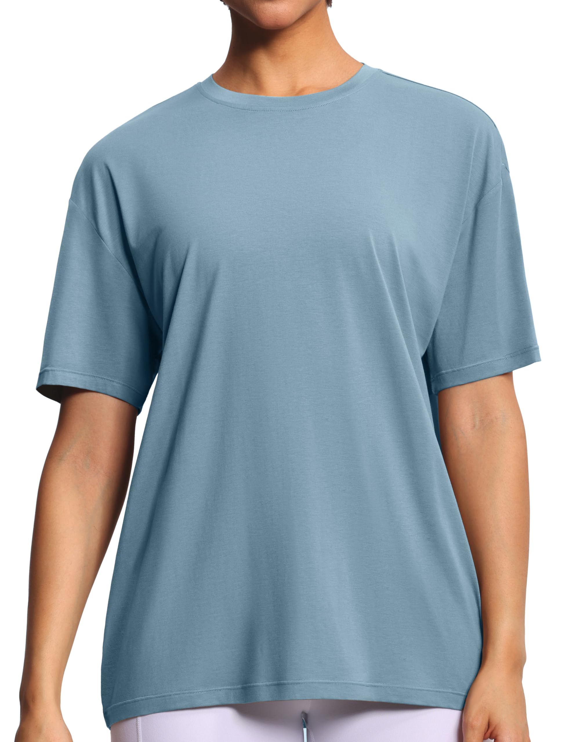 THE GYM PEOPLE Damen Oversize Baumwolle T-Shirt Kurzarm Basic Sport Shirts | Abfallende Schulter, Übergroße, Rundhalsausschnitt, Einfarbig, Leicht, Atmungsaktiv, Weich, Sommer Tops Fashion Gym Freizeit