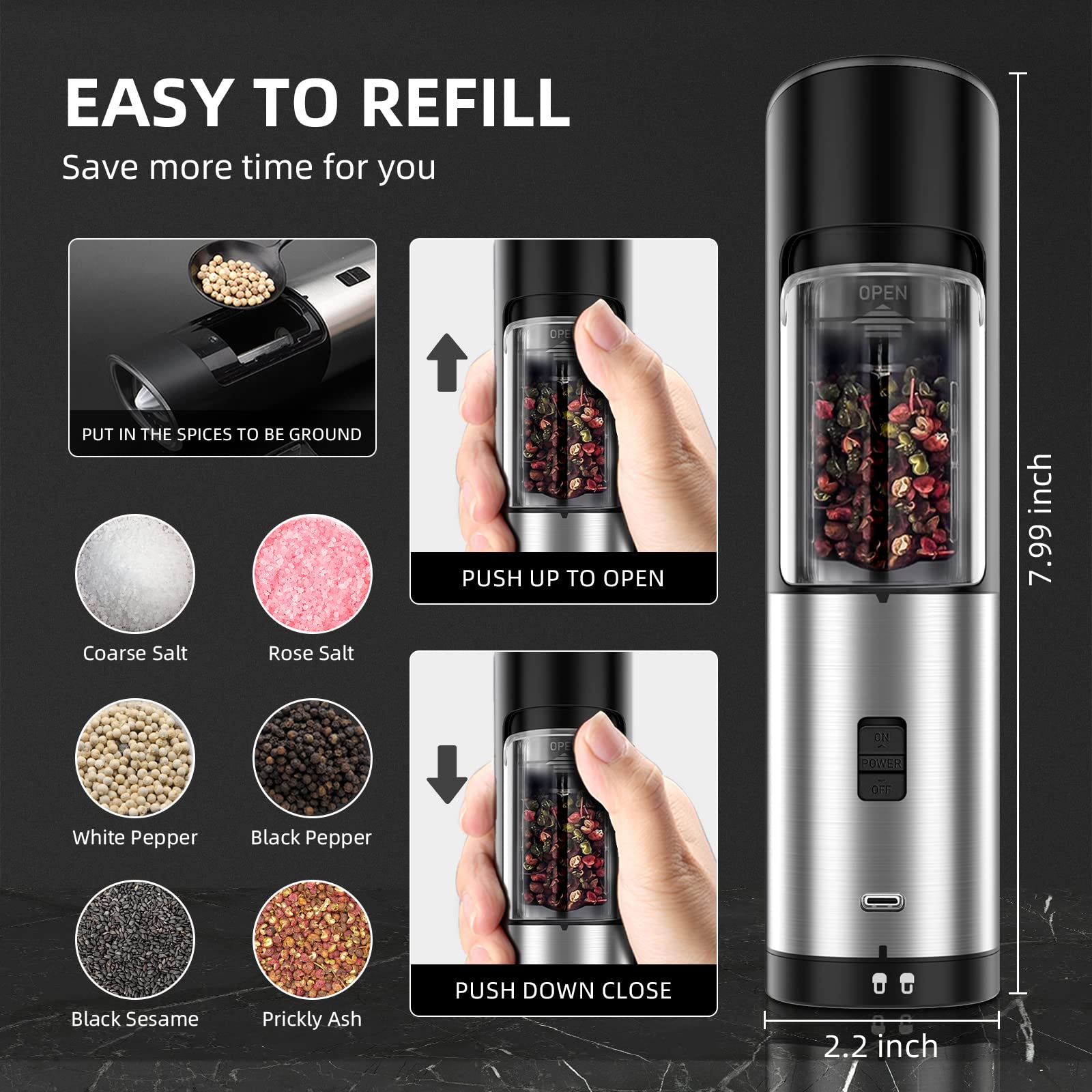 USB Rechargeable Electric Salt and Pepper Grinder Set-Gravity Automatic ...