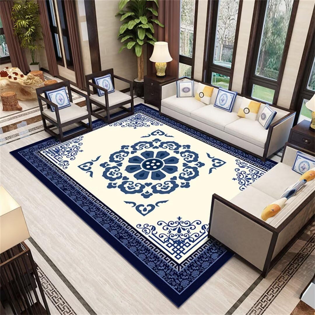 Tapis bleu 170x240cm lavable en machine pour grand salon et chambre d'enfant