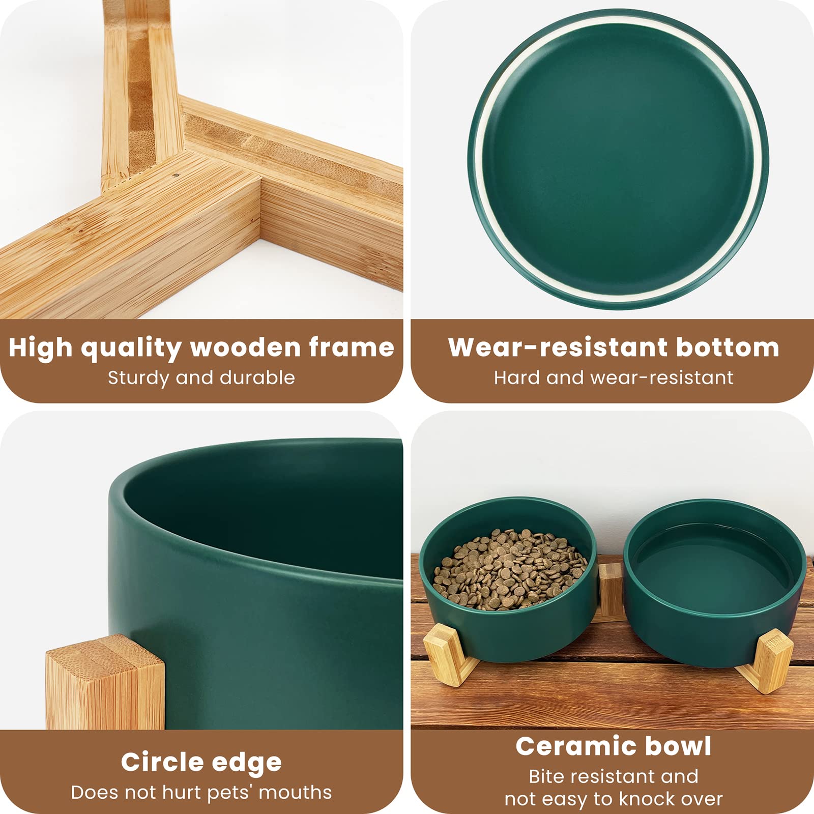 KPWACD Keramik Haustier Schalen für Hund und Katze, Erhöhtes Hundefutter und Wassernapf Set mit Anti-Rutsch-Holzständer, Haustiere Futternäpfe Geeignet für kleine, Grün, 800 ml