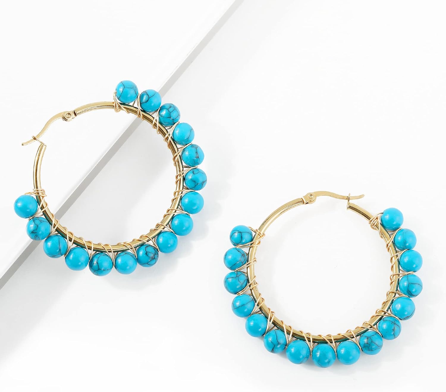 Rockyu Womens Natural Stone Turquoise White Moonstone Hoop Earrings Gold Wire Wrap Big Earrings Gift Birthday Christmas - Image 8