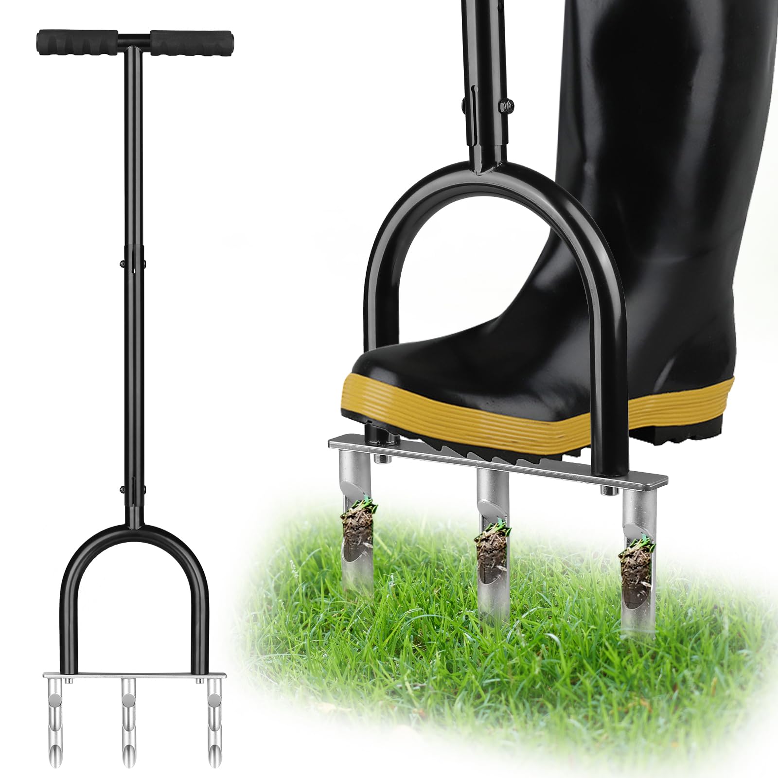 Aireador de césped manual de 3 agujeros con altura ajustable y mango de espuma NBR – Ventilador de núcleo de acero de alta resistencia para aflojar el suelo y el cuidado del césped (revestimiento