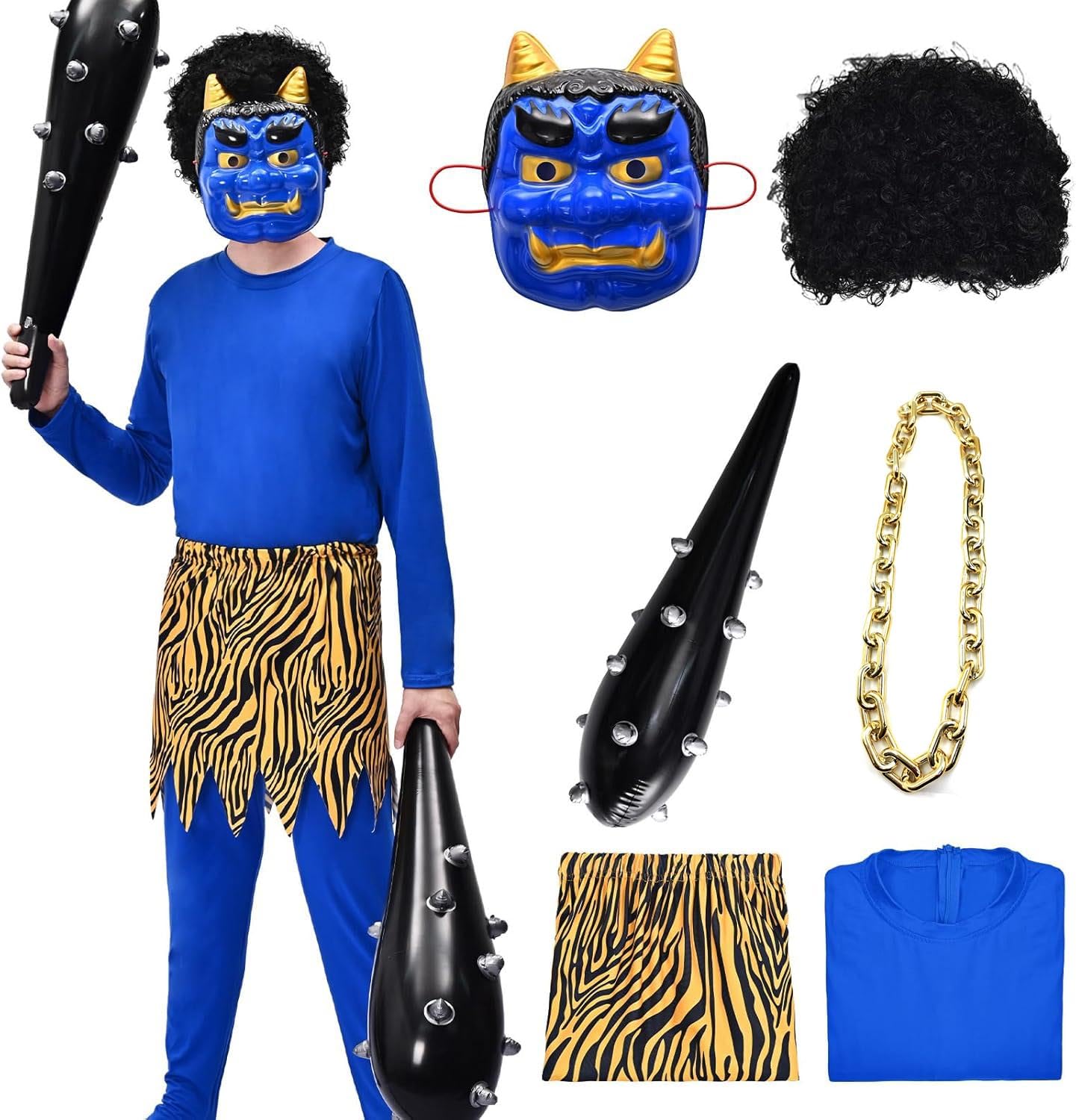 [SVNVIOZ] 節分 鬼 コスプレ 赤鬼 青鬼 衣装 6点セット 豆まき オニ退治 お面 鬼のパンツ ウィッグ つなぎ服 こん棒 リアル鬼 鬼面 仮装 おに 節分豆 郷土 お祭り 男女共用