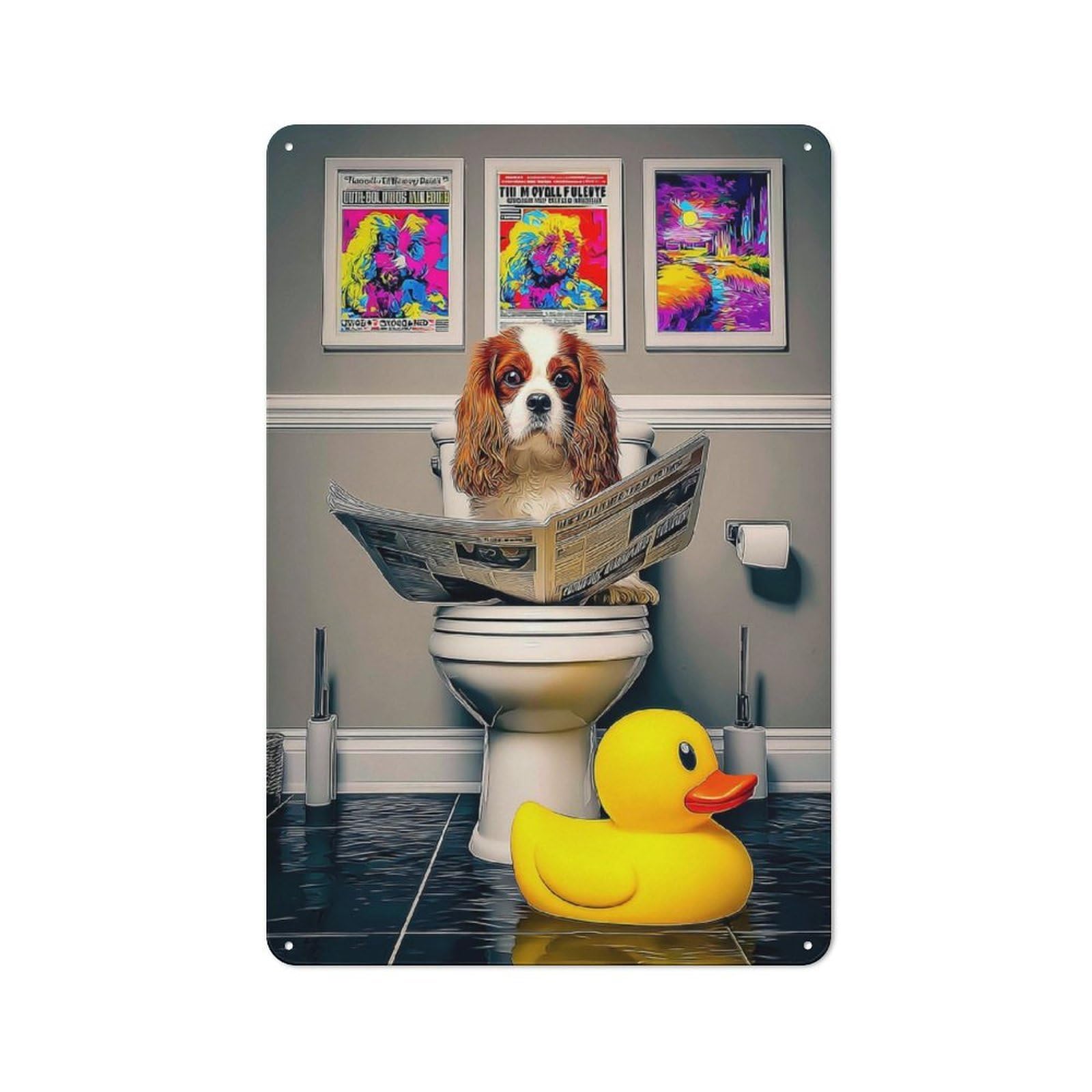 Junmoney Dog On Toilet Reading Newspaper With Rubber D Retro Metal Plaque 30X20cm Featuring Uck For Home Bar Wall, For Room Styling Across Home Bars And Entertaining Spaces