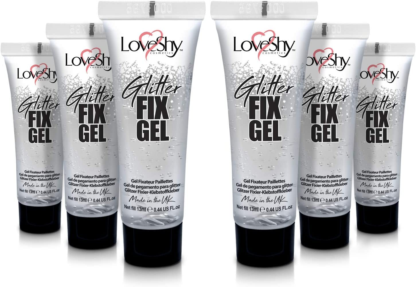 LoveShy Cosmetics Glitter Fix Gel (6 Pack) - Vegan Formula for Applying Chunky, Cosmetic, Bio Degradable, Eco-Friendly Festival Glitter to Face, Body, Hair, Lips