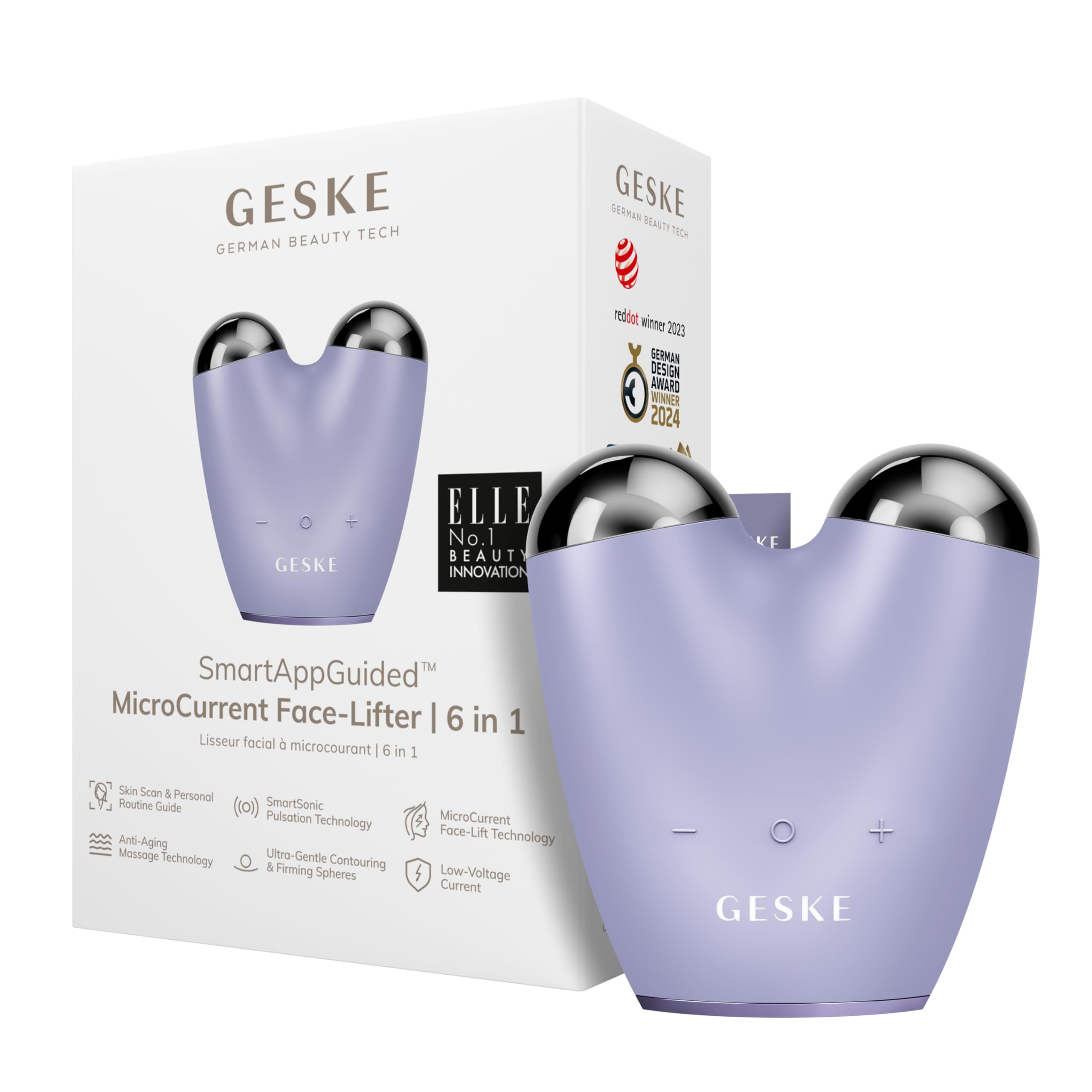 GESKE SmartAppGuided™ Microcurrent facial lifter | 6 in 1 | face lifter | face and jaw line trainer | face tightening | anti-aging device | micro current against wrinkles | couple Lavender
