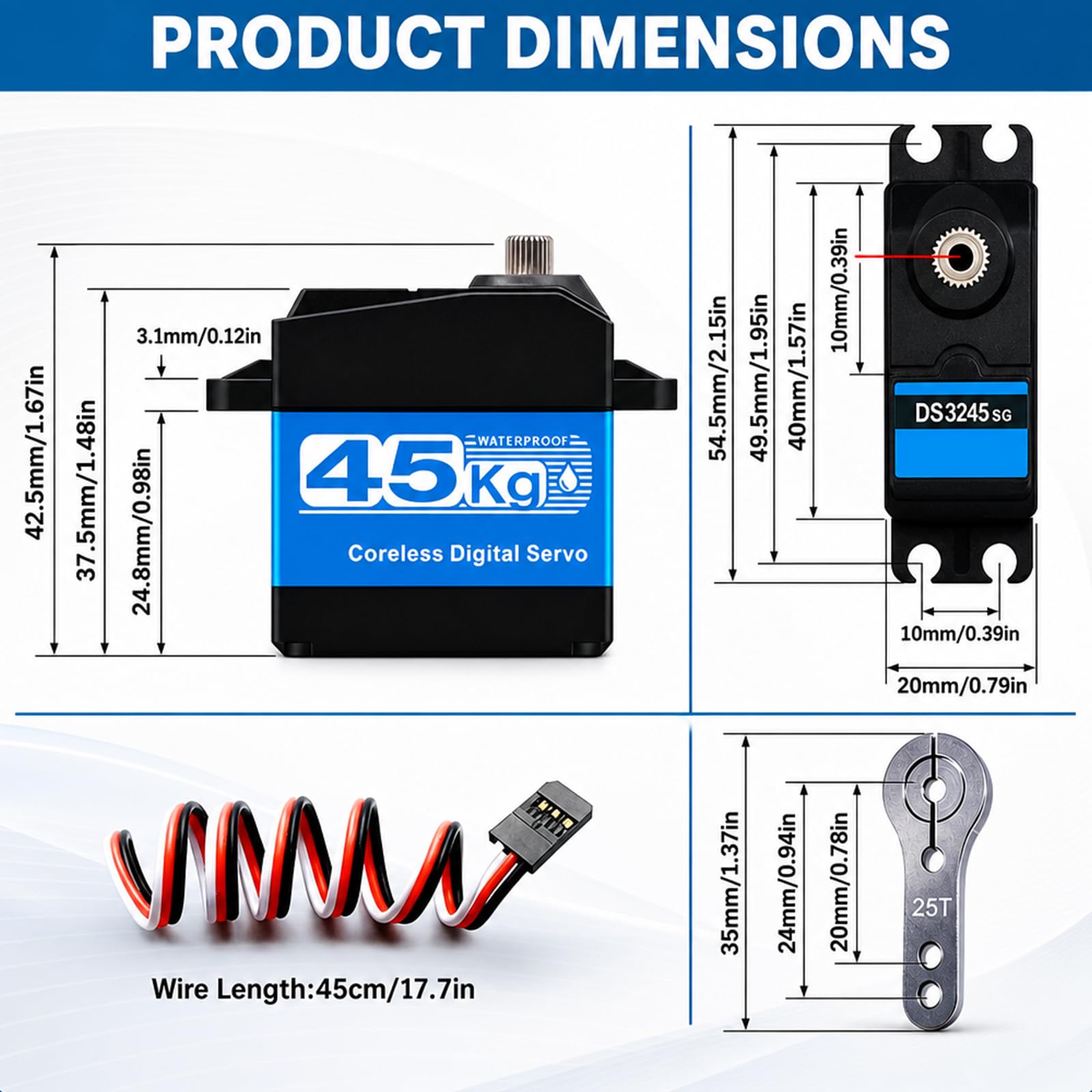 2 confezioni di servomotori per sterzo RC Coreless da 45 kg, 8,4 V, in acciaio inox, a basso profilo, impermeabili, per auto in scala 1/8 1/10 1/12, robotica fai da te, 270 gradi