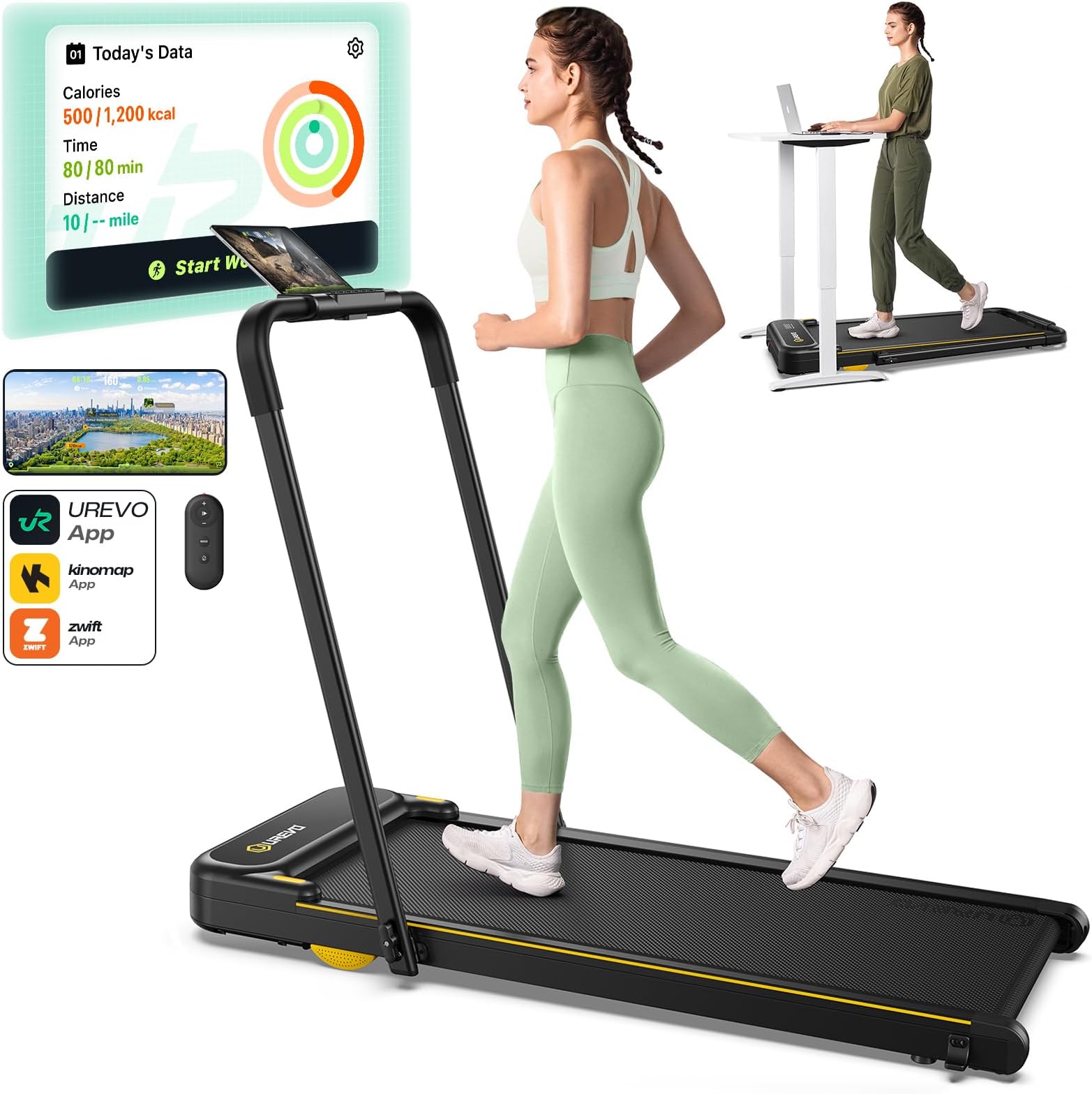 Strol 2E Smart 2-in-1 Folding Treadmill, Compact Walking Pad with Safety Handle, Plug and Play, Standing Desk Treadmill with Dual LED Display, Smart APP, Walking or Running for Home Office