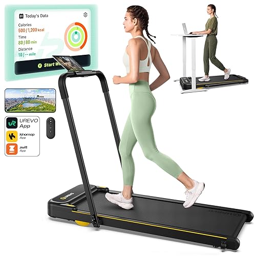 UREVO Strol 2E Smart 2-in-1 Folding Treadmill, Compact Walking Pad with Safety Handle, Plug and Play, Standing Desk Treadmill with Dual LED Display, Smart APP, Walking or Running for Home Office - Yellow