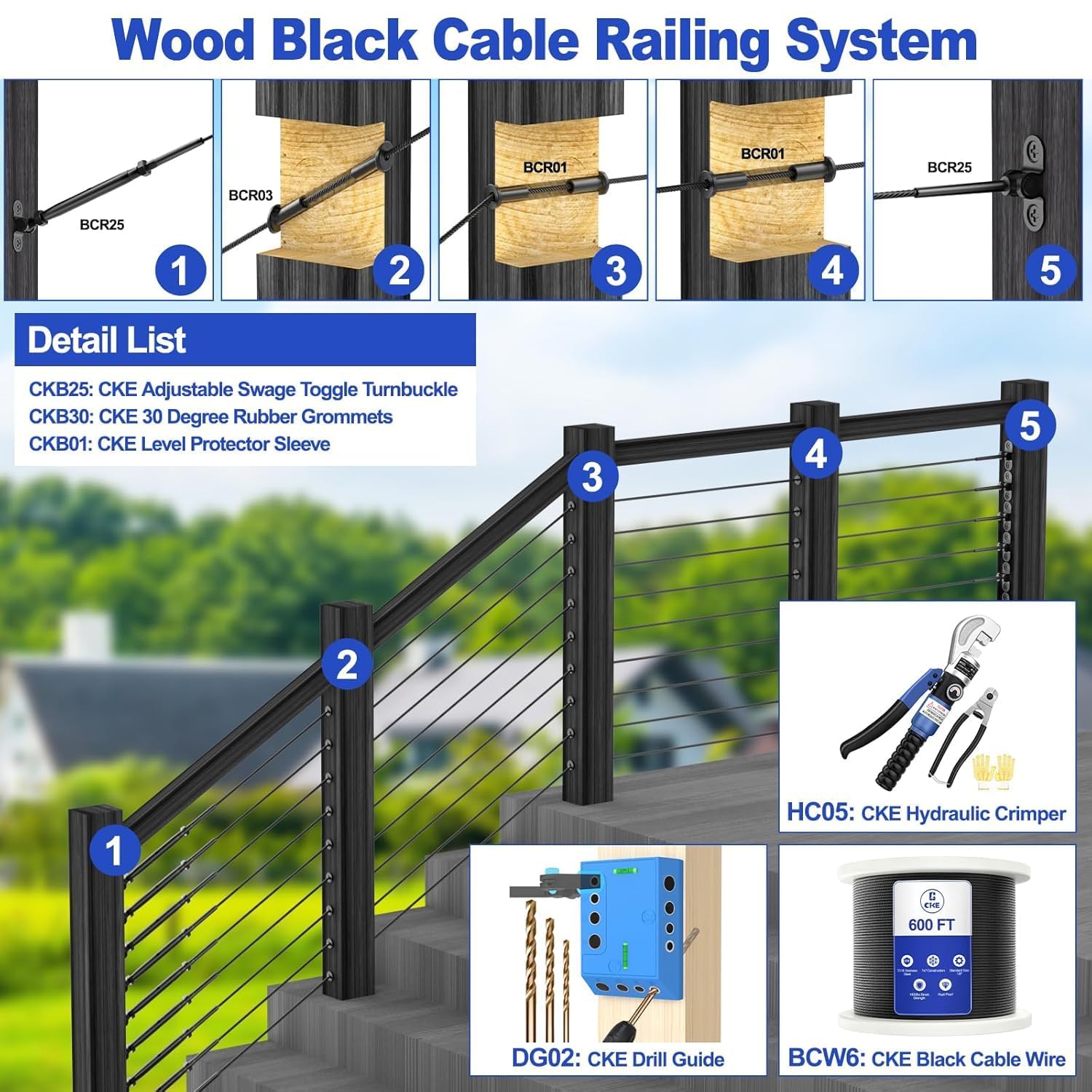 CKE 30 Pairs Black Cable Railing Kit 3/16" Swage Toggle Turnbuckle Cable Railing Hardware T316 Stainless Steel for Wood Post Cable Railing System Wire Rope Angle 180° Adjustable Angle Stairs, BCR25