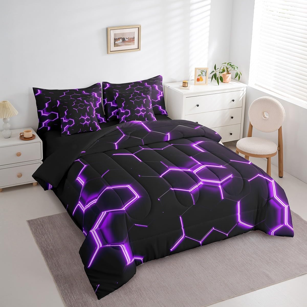 Feelyou Boys Honeycomb Bed in a Bag for Kids Men Girls Modern Geometric Hexagon Comforter Set with Sheets Purple Decor 7 Piece Bedding Set Twin Size Grid Art Bed Set