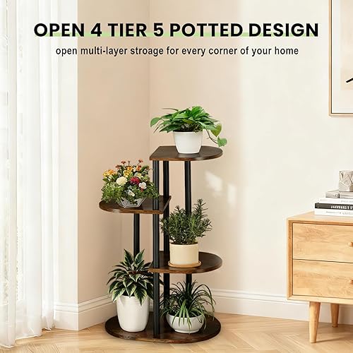 Miniatura 4 de Soporte escalonado para plantas de interior, estante alto de madera para plantas de 4 niveles y 5 macetas para múltiples plantas, soporte para