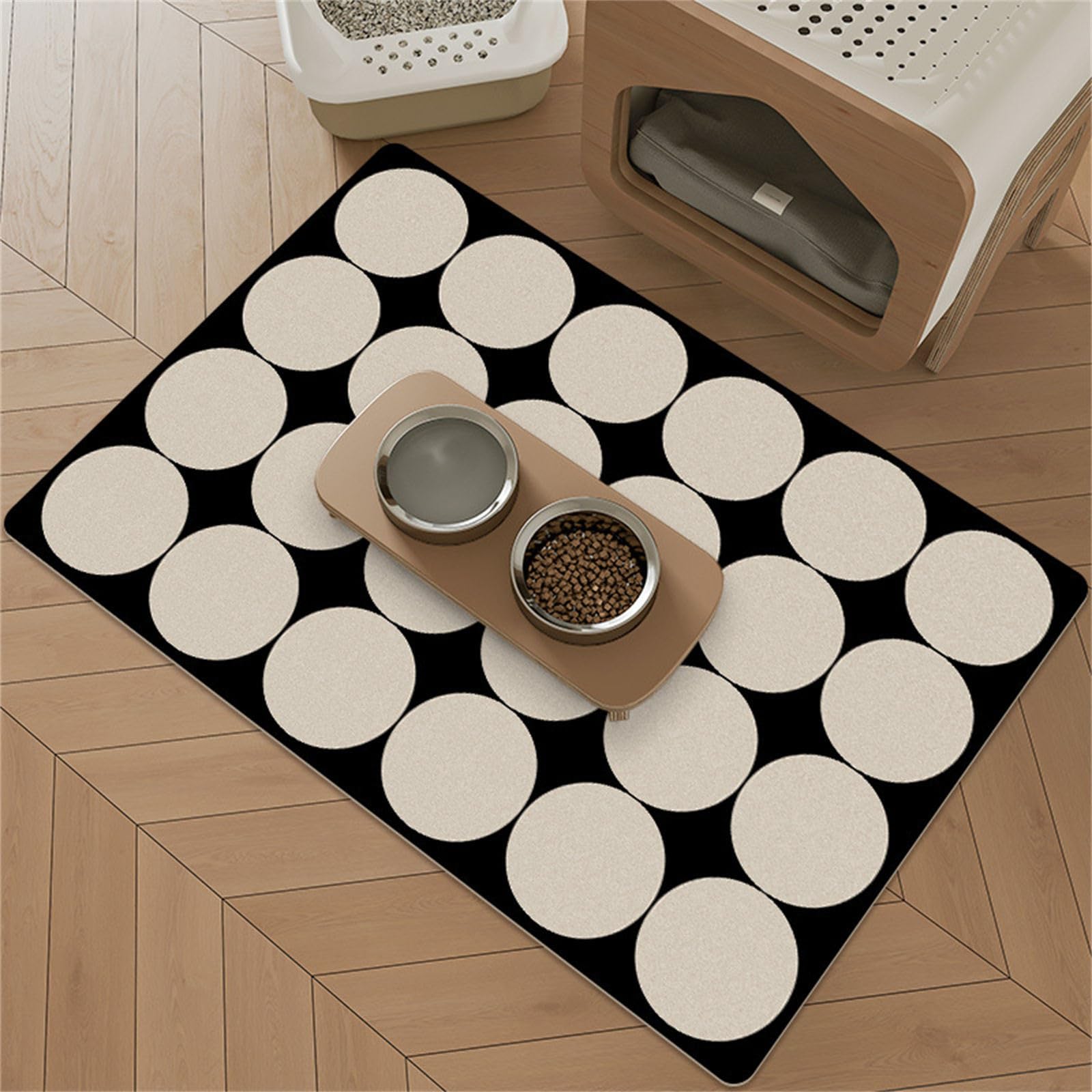 Hearda Pet Mats for Food Bowls Water Absorbent, European Style Pet Food Mat Non Slip Quick Dry Cat Feeding Mat Diatomite Pet Feeding Mat Dog Bowl Mats Water Dispenser Mat (60x90cm,Polka Dot)