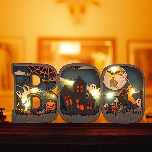 Miniatura 5 de Letrero de madera para Halloween, adornos de madera tallada con luces LED, lámpara decorativa de madera para decoración de fiesta de mesa