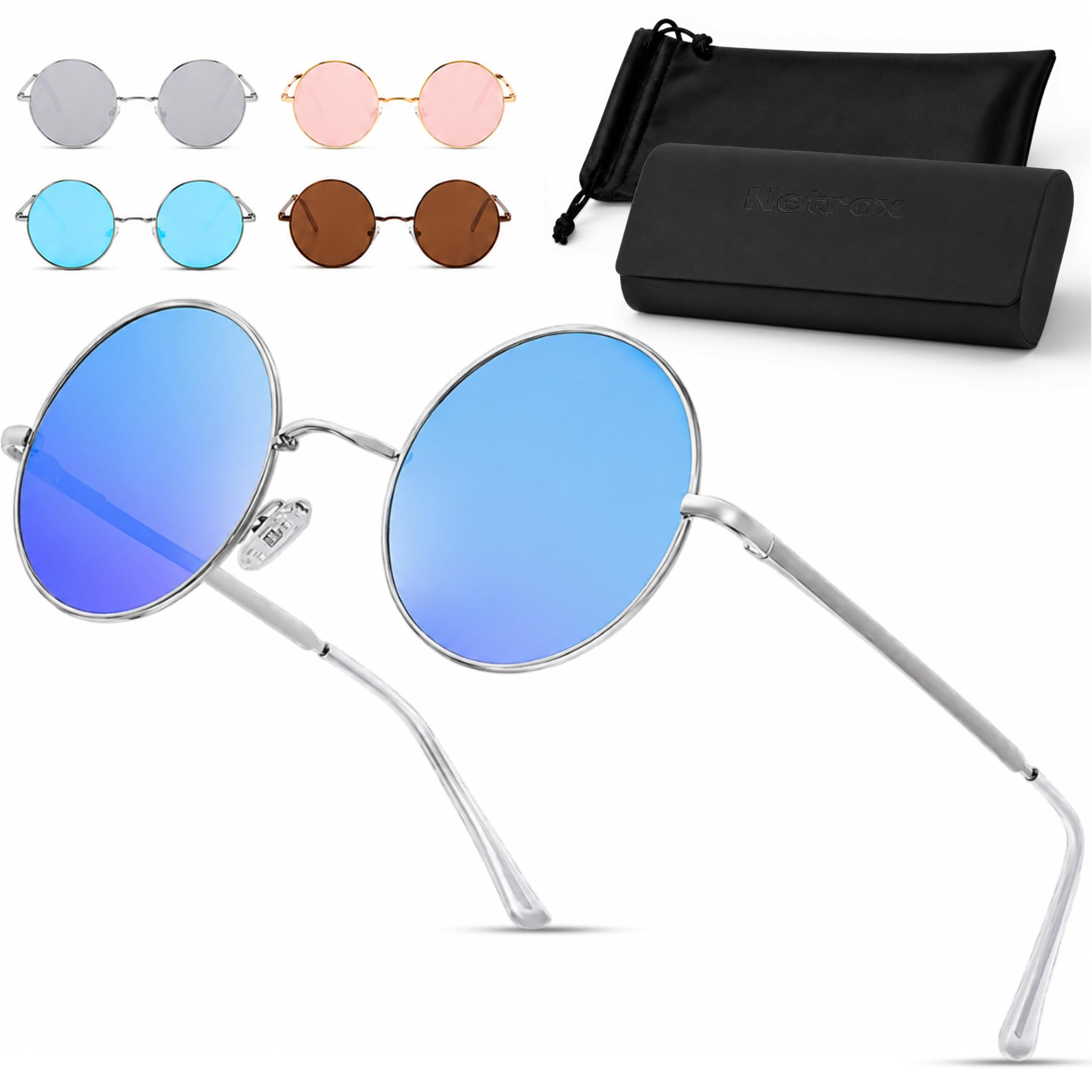 Netrox Runde Sonnenbrille im Retro-Stil | UV400-Schutz Linsen | Unisex Brille inkl. Etui und Microfaserbeutel | Vintage 70er Metallrahmen mit verspiegeltem Glas
