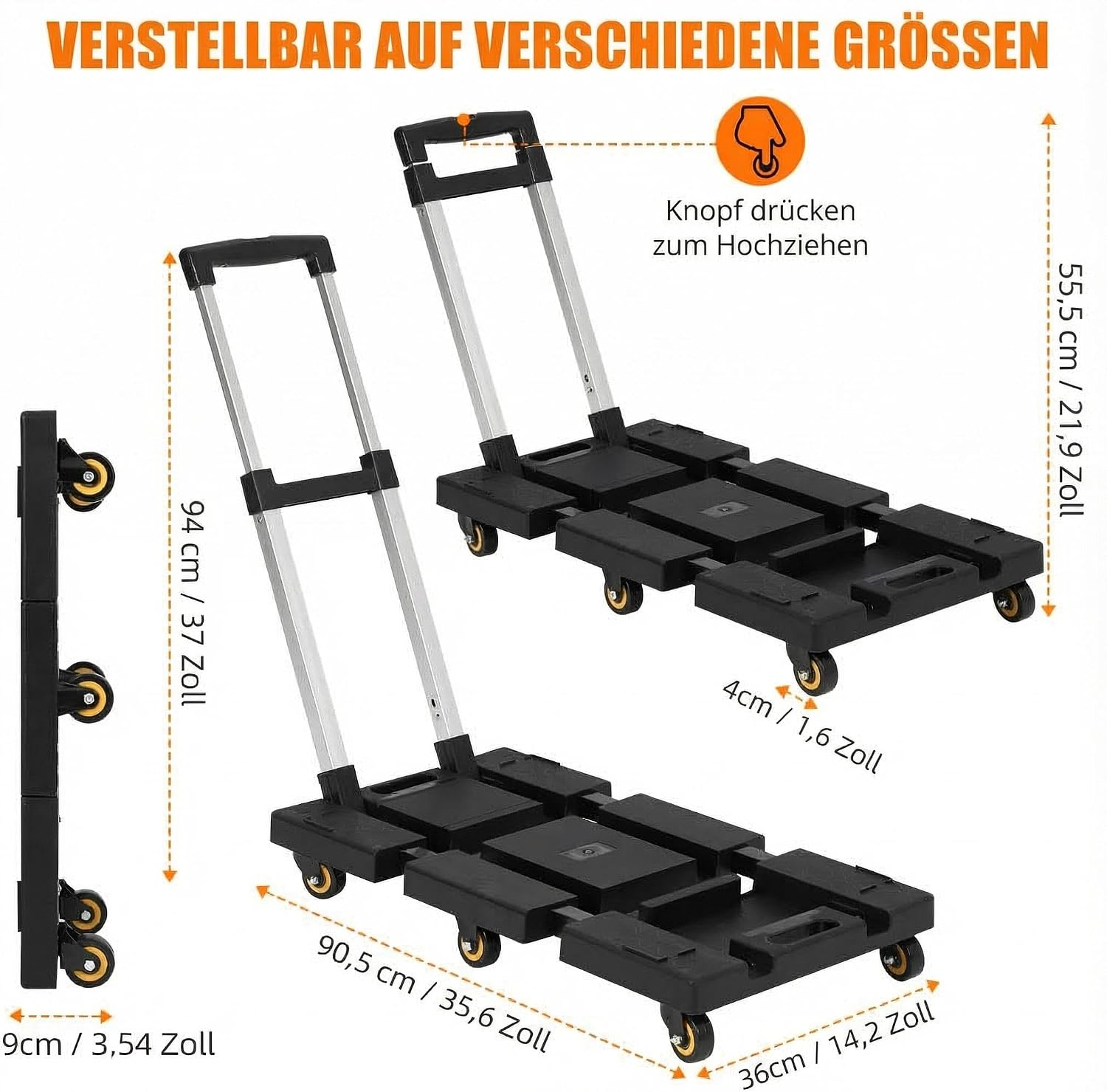 Folding Hand Trolley with a Load Capacity of 80 kg/100 kg/150 kg, Folding Transport Trolley with 2 Wheels and Telescopic Handle, Aluminium Transport Trolley for Luggage, Travel, Shopping, Car, Moving