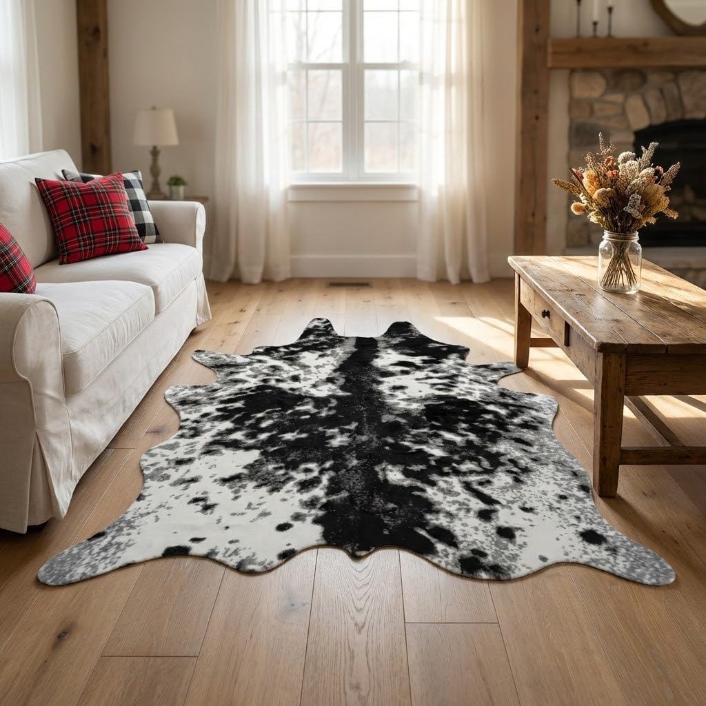 MustMat Faux Cowhide Rug Cow Print Rug Western Cowhide Area Rugs for Living Room (Black and White, 5.2ft x 6.6ft)