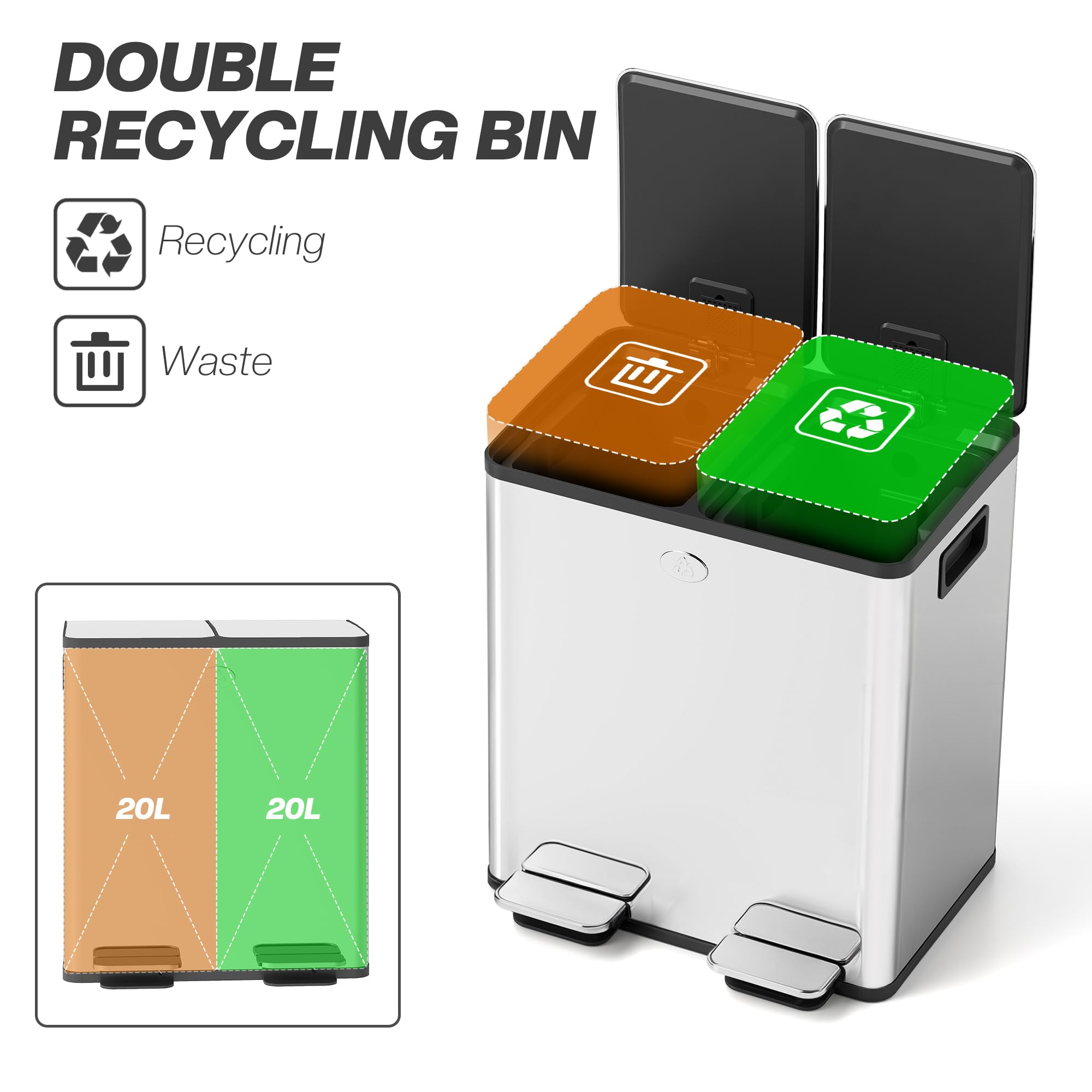 HOMCOM Doppelter Küchenabfalleimer, 2 x 20 l, Edelstahl, silberfarben | Absenkautomatik-Deckel, doppelt herausnehmbare Inneneimer, Müllbeutel, fingerabdruckfest, für Recycling und Abfall