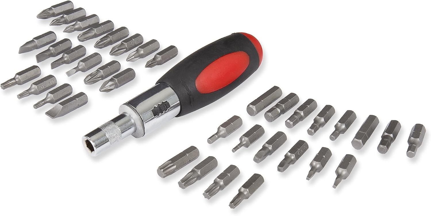 Stalwart Ratcheting Screwdriver with 37 Piece Bit Set - Stubby Handle Multitool with Metric and SAE Measurements for Interchangeable Bits, 37 pc