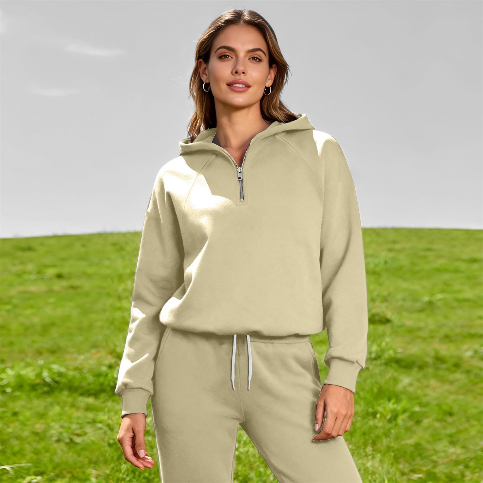 Generisch Tuta da uomo per il tempo libero, in tinta unita, 2 pezzi, tuta sportiva da uomo, con cerniera a 1/4, con cappuccio e pantaloni da jogging