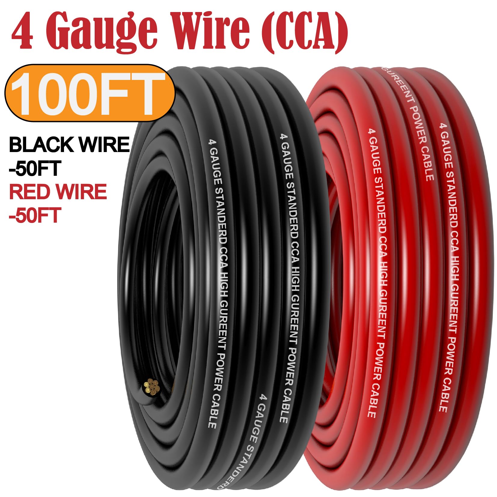 4 Gauge Wire Copper Clad Aluminum CCA (50Ft Each Black/Red) Primary Automotive Wire,Battery Cable for Car Audio Speaker,RV Trailer Amp Wiring,20Pcs Lugs,20Pcs 3:1 Heat Shrink Tubing