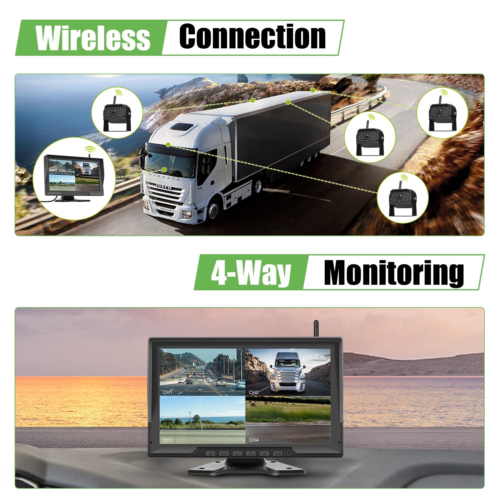 Cámara atrás Digital inalámbrica 4 cámaras, Monitor de Marcha atrás IPS HD de 10,1 Pulgadas con Pantalla Dividida y función de grabación, visión Nocturna, Monitor DVR y Resistente al Agua IP68