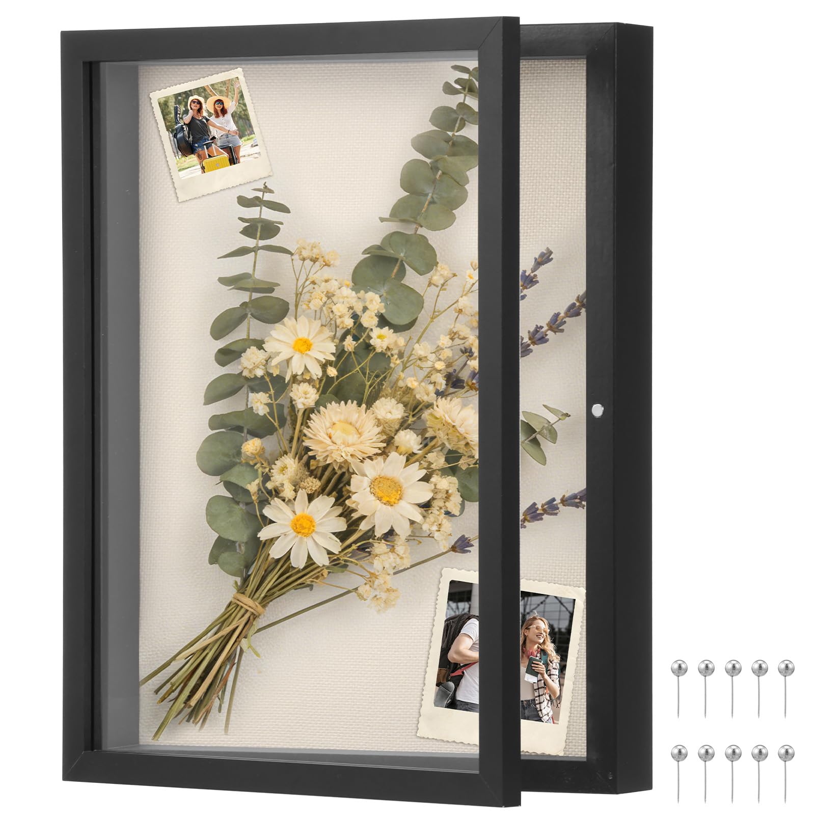 Shadow Box Frame 11x14 Inch Wooden Deep Picture Frames Magnetic 3D Keepsake Frame Shadow Box with Soft Linen Back and 10 Push Pins for Objects Bouquets Photos Artworks Flowers Memory Crafts(Black)