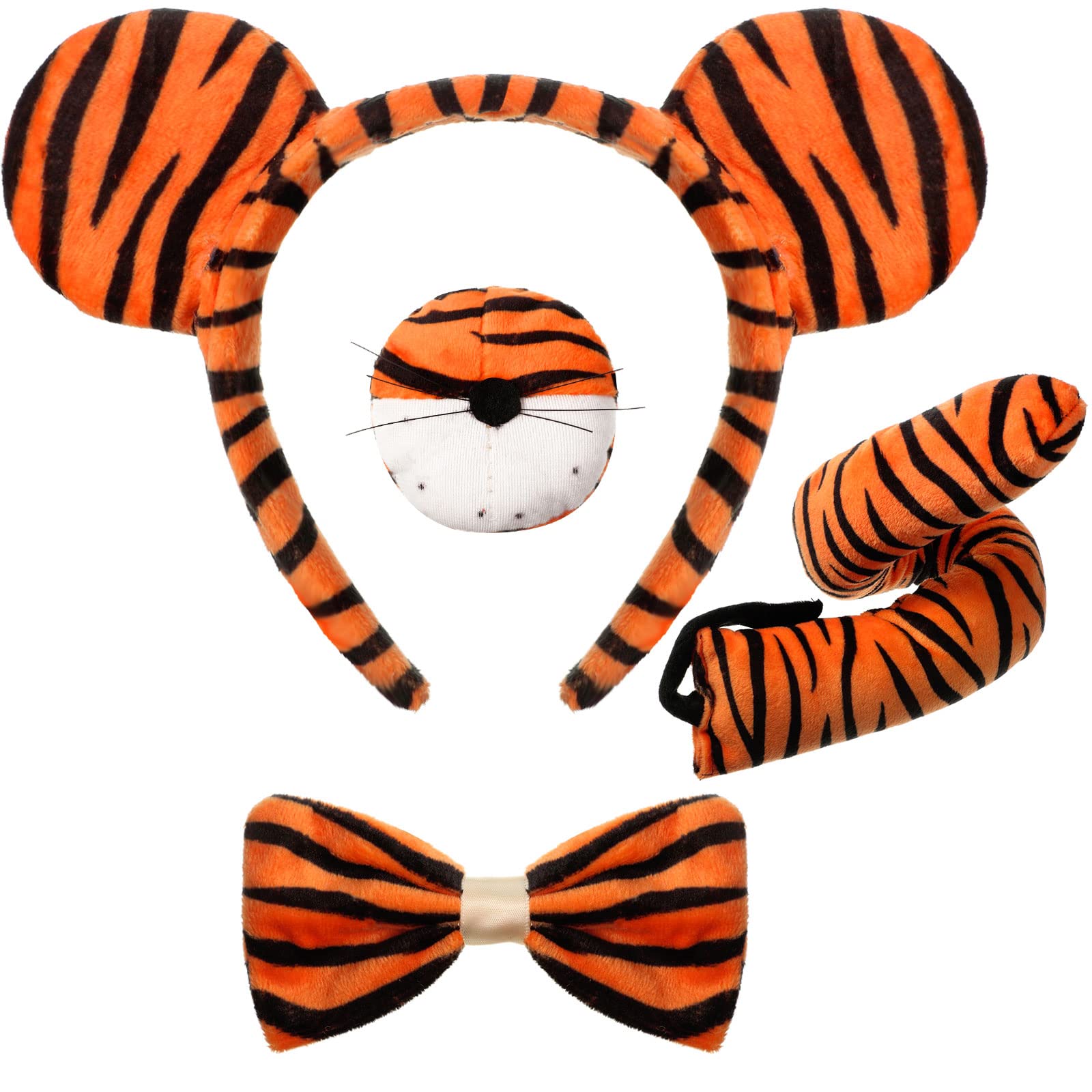 4 Pcs Carnival Kids Tiger Costume Kits Ear Headband Tail Nose Bow Tie Animal Tiger Fancy Costume for Carnival Cosplay Party(Cute Style)
