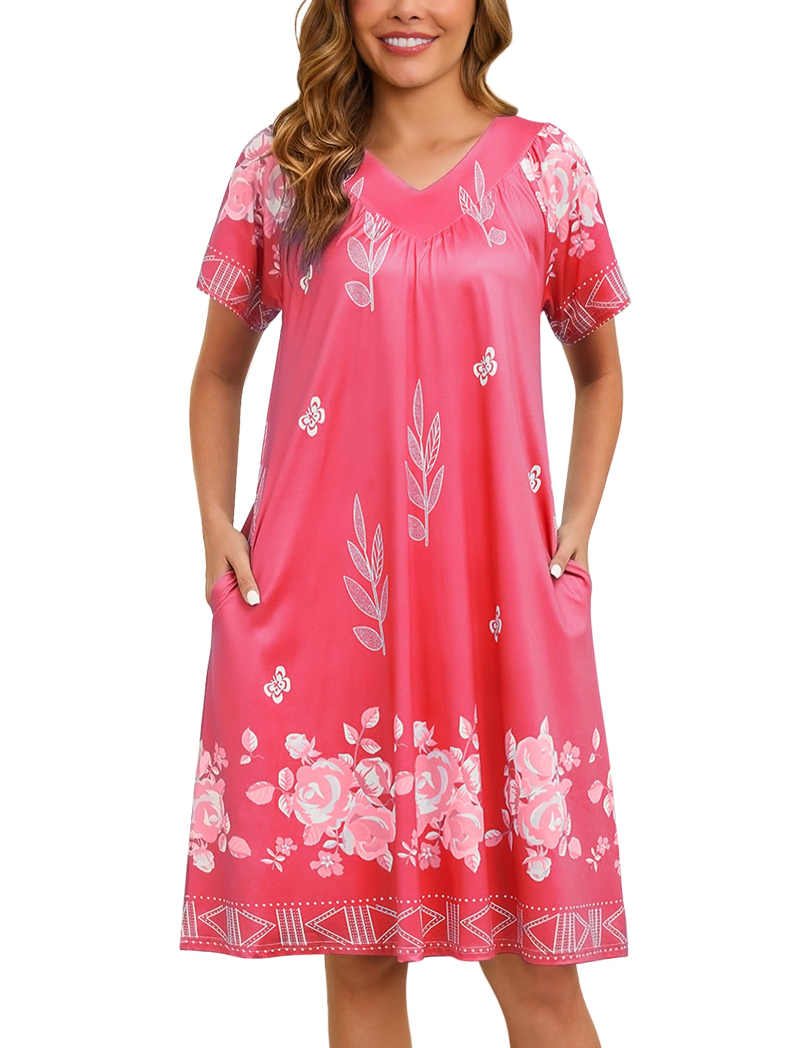 Marvmys Womens House Dress Short Sleeve Nightgown Floral Print Mumu Dress with Pockets V Neck Sleepwear S-3XL