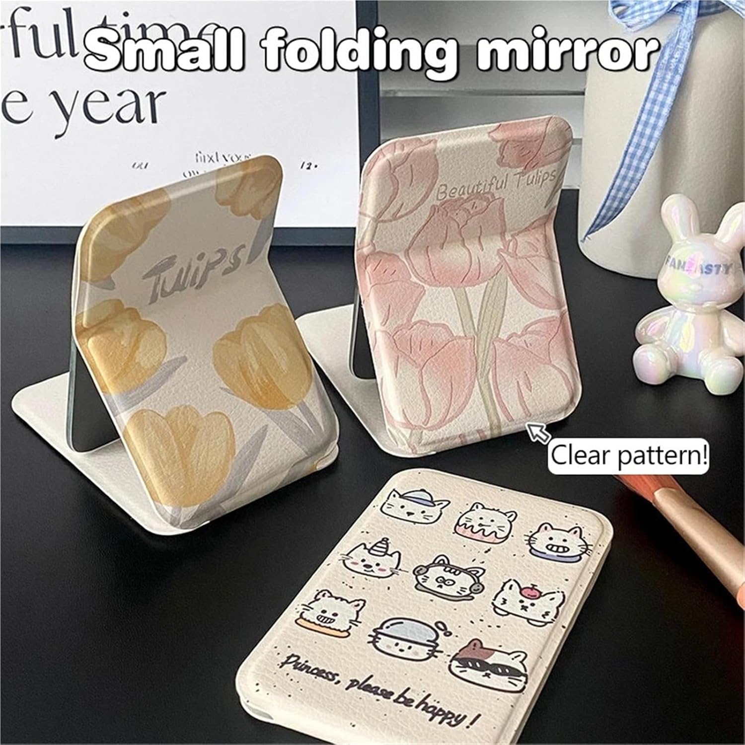 Desktop Makeup Mirror Solid Color PU Leather Simple Portable Handheld Foldable Student Compact Cute Pocket(10.5cm Brown)