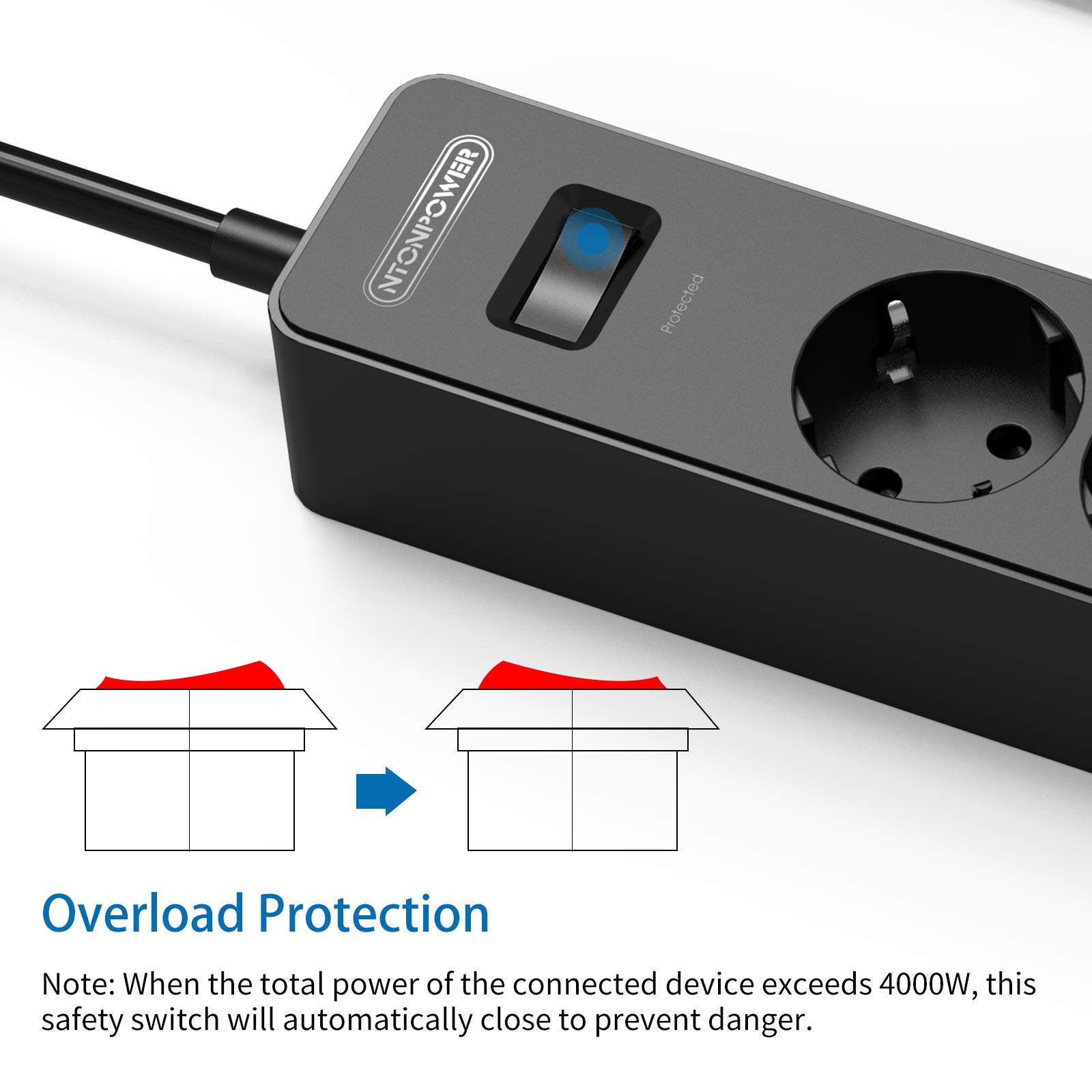 NTONPOWER Multiprise Electrique USB, Multiprise Pare foudre avec 4 Prises et 4 Ports USB, Long Cordon de 3 m, avec Interrupteurs, Anti foudre, Protection pour Les Enfants, pour Maison et Bureau- Noire
