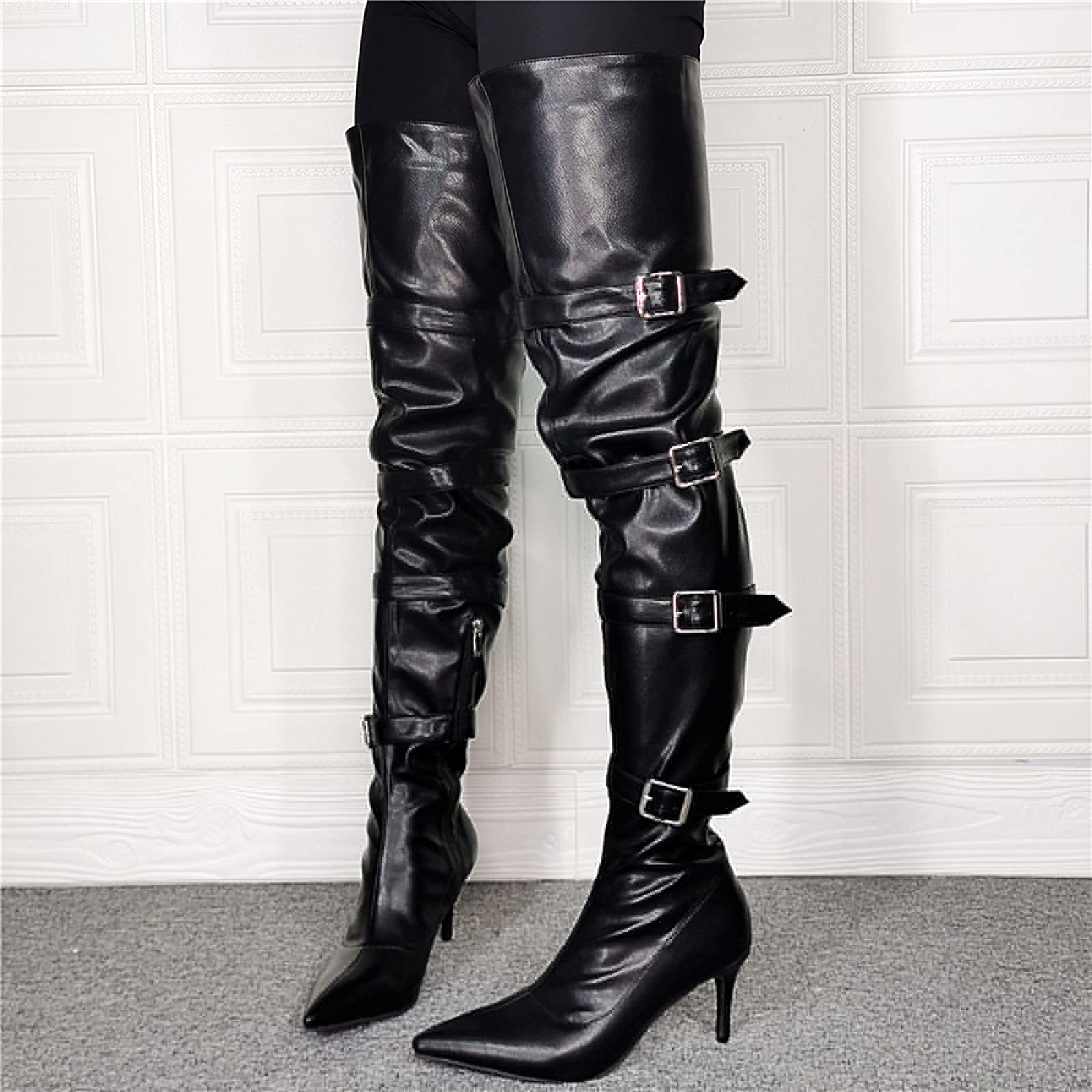 Zapatos de tacón de tacón de Stiletto para Mujer Punta de Punta de Punta Larga sobre la Rodilla Montar con Las Botas Altas de Ajuste Ancho con Correa de Hebilla Ajustable,Black-41