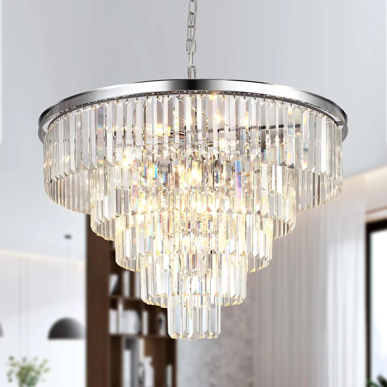 MarkDee Modern Chandeliers Crystal with Light, 15 Lights Chrome Crystal Chanderlier Lighting, 5-Tier Pendant Lights for Dining Room Living Room (31.5inch)…