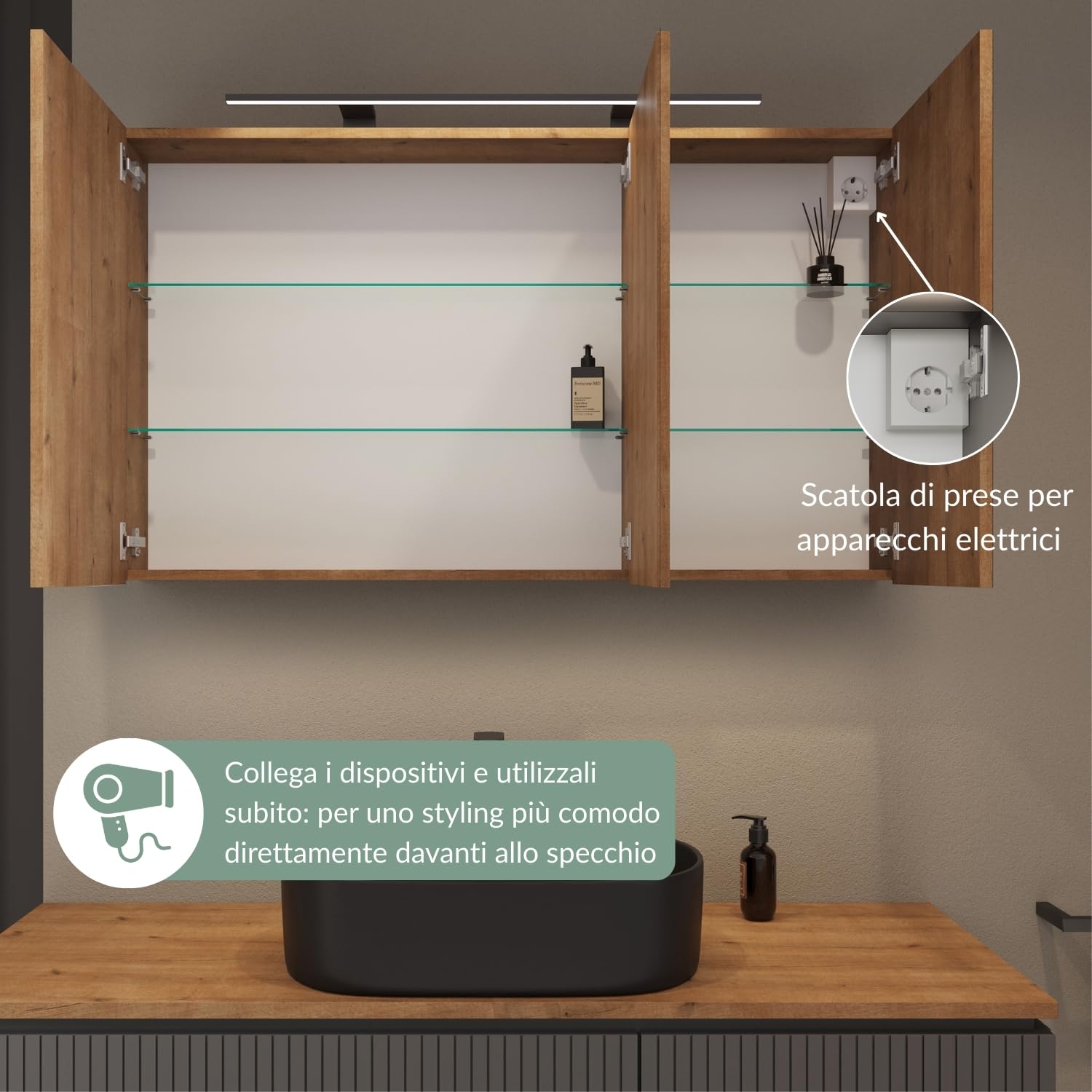 Planetmöbel ARIA Armadio a specchio con illuminazione, 120 x 70 x 16 cm, Armadietto da bagno sospeso con specchio, Rovere dorato, con lampada e presa elettrica, per bagno ospiti