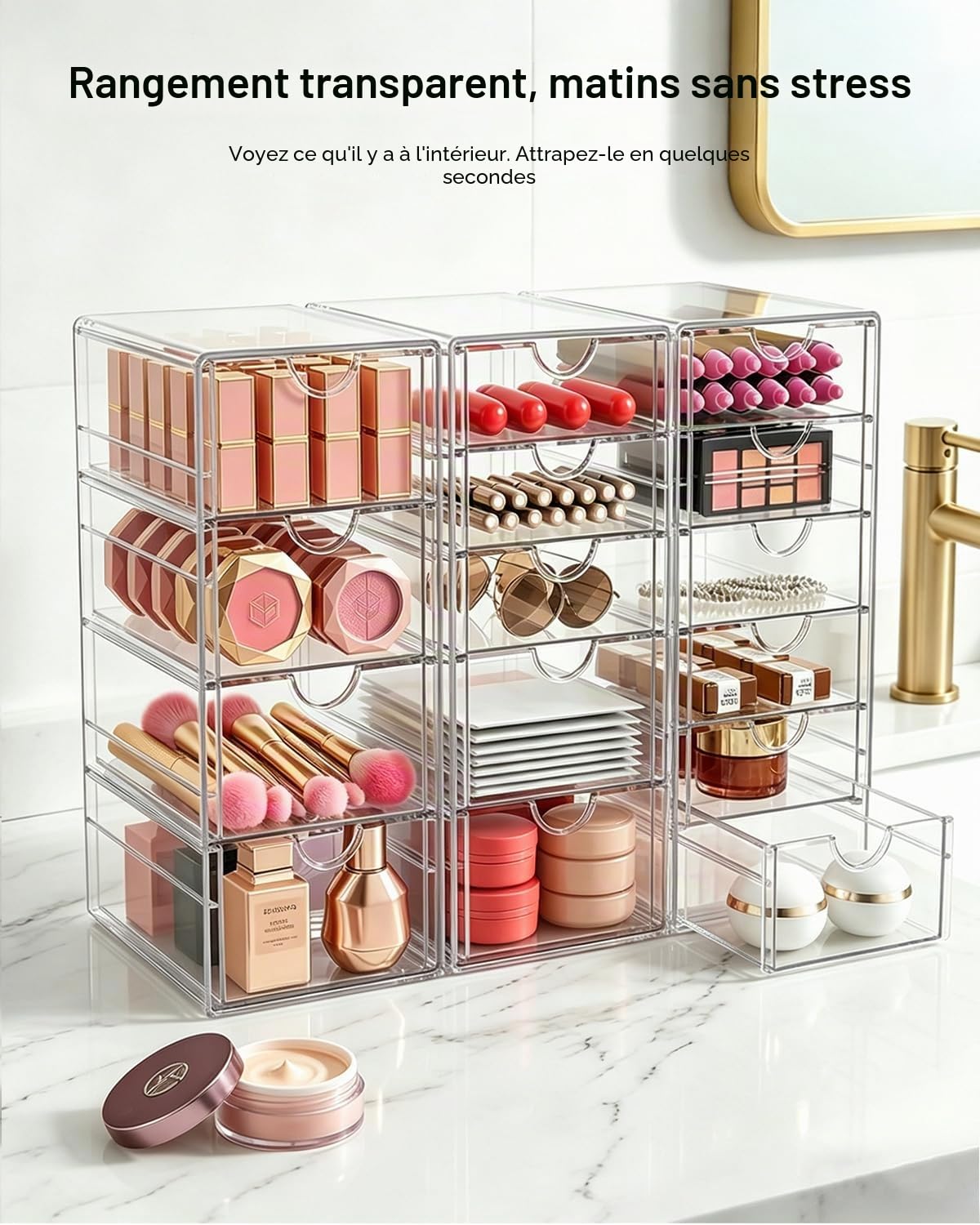 GoMaihe Organisateur de Maquillage 15 Tiroirs, Lot de 3 Rangement de Bureau Transparent Antipoussière