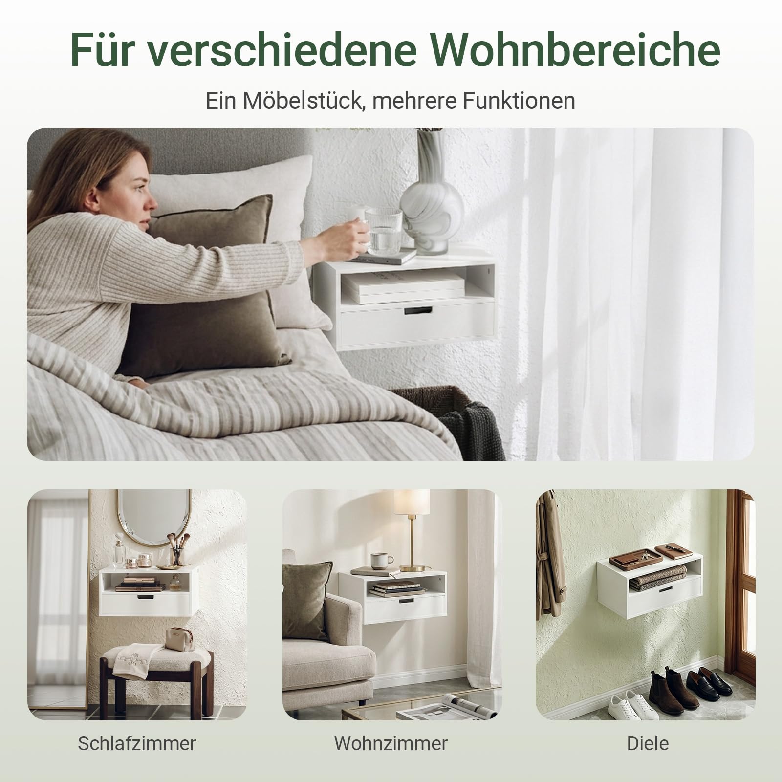 SoBuy hängender Nachttisch mit Schublade 45x25x22cm | 2er Set Wandregal mit offenem Fach, platzsparend für Schlafzimmer und Eingang Weiß NKD03-Wx2