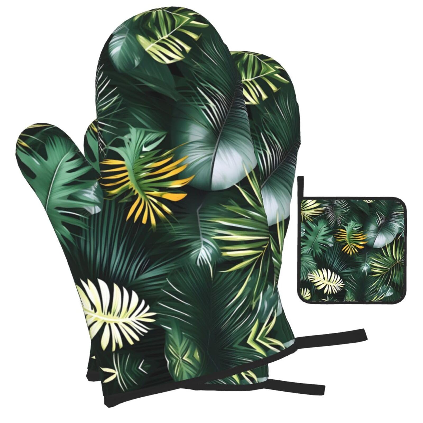 Set De 2 Gants De Four Et 2 Maniques Motif Feuilles Tropicales - Résistants à La Chaleur, Imperméables - Avec Corde De Rangement
