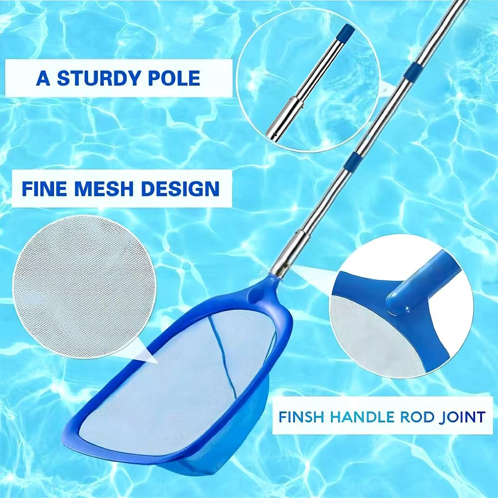 Pool Kescher mit Teleskopstange, Teichkescher Feinmaschig, Laubkescher Pool mit Poolbürste, Bodenkescher Pool, Pool Reinigungsset, für Schwimmbad, Spas, Teich, Whirlpools, Planschbecken (220cm)