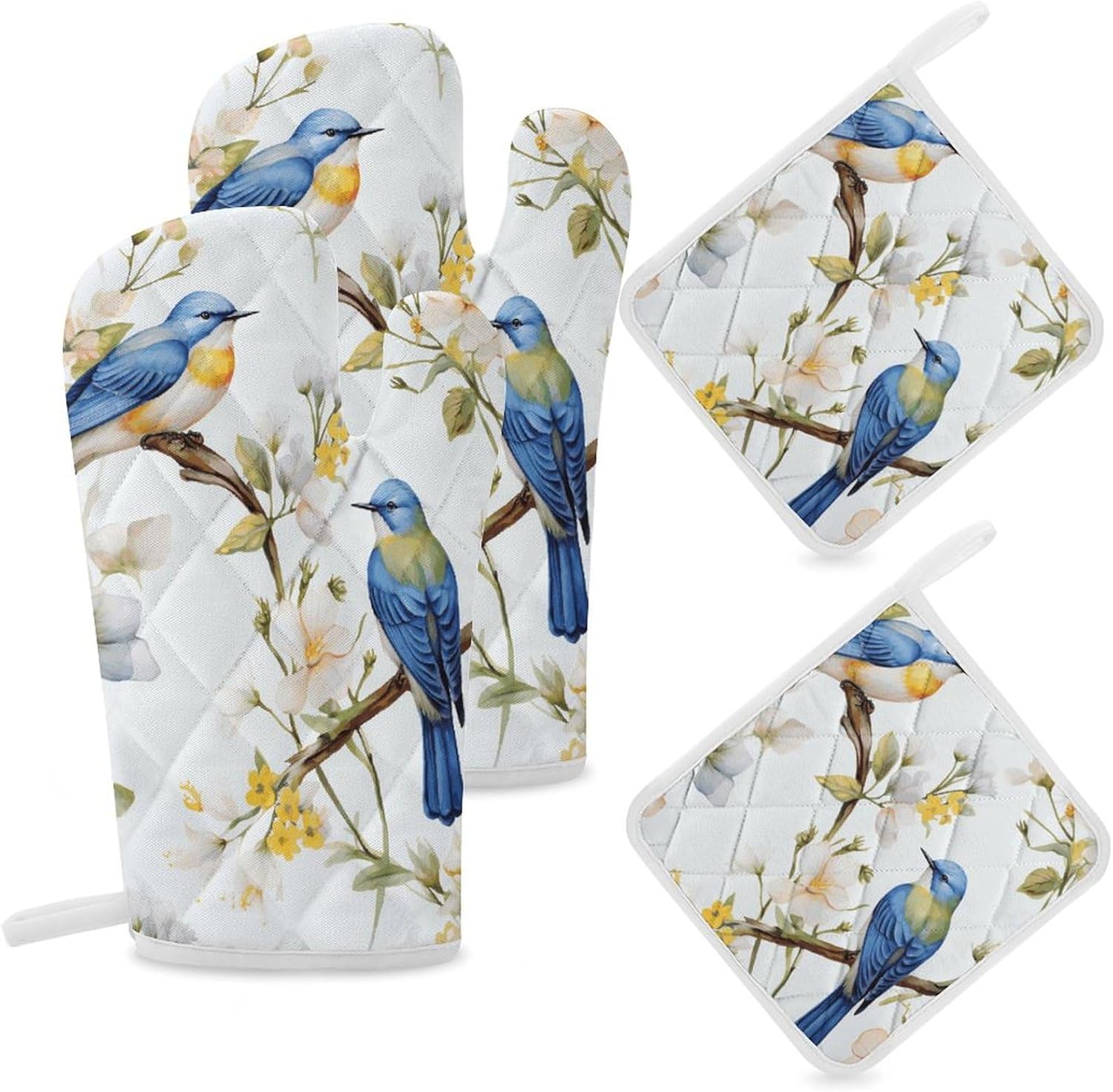 Oven Mitts Pot Holders Kitchen Watercolor Flowers and Birds Heat Resistant Oven Glove for Baking and Cooking