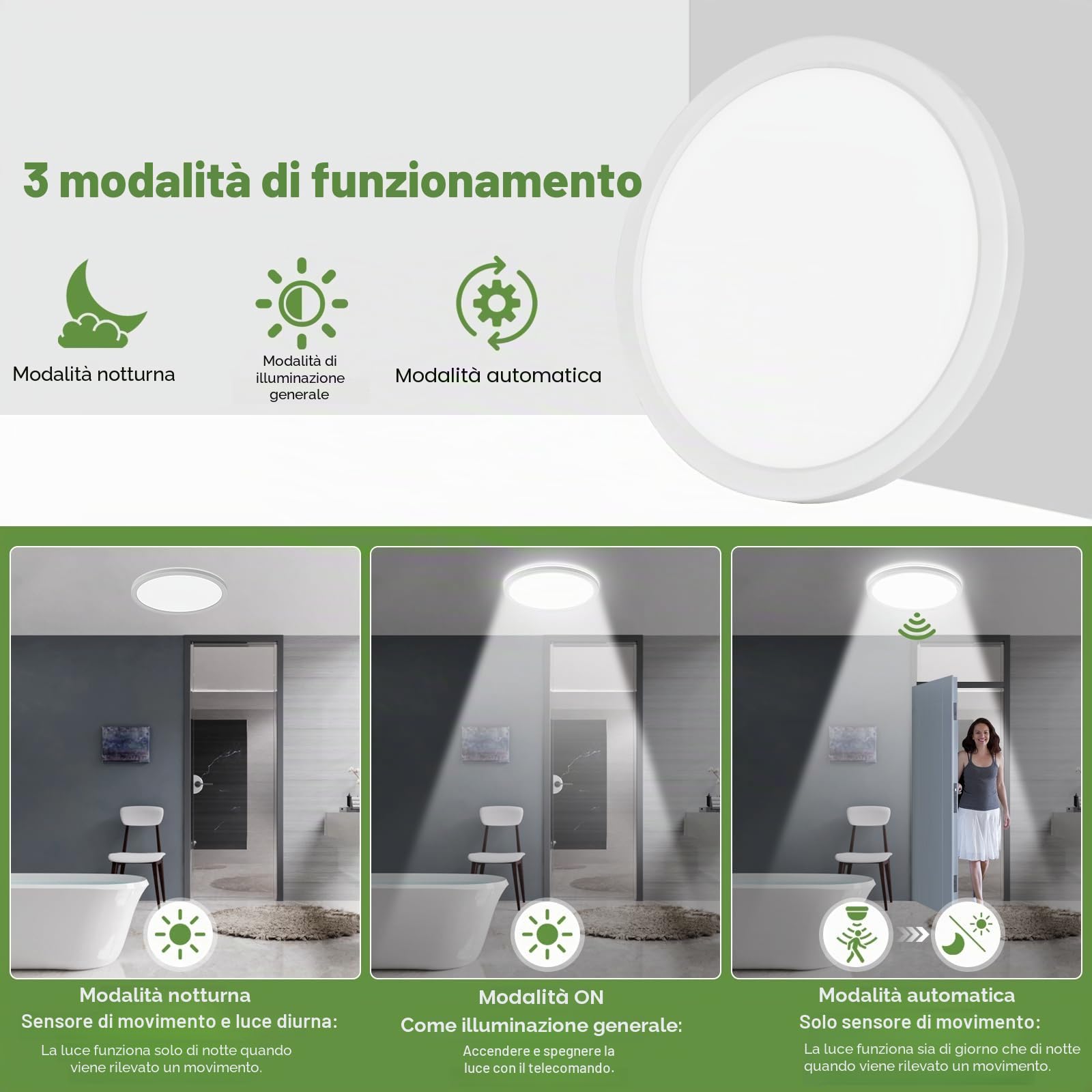LEZOE Plafoniera LED con rilevatore di movimento dimmerabile, lampada da soffitto con sensore radar 24W 2400LM, lampada sensore 3000K/4000K/6500K bagno, garage, scale, cantina, corridoio, balcone 30cm