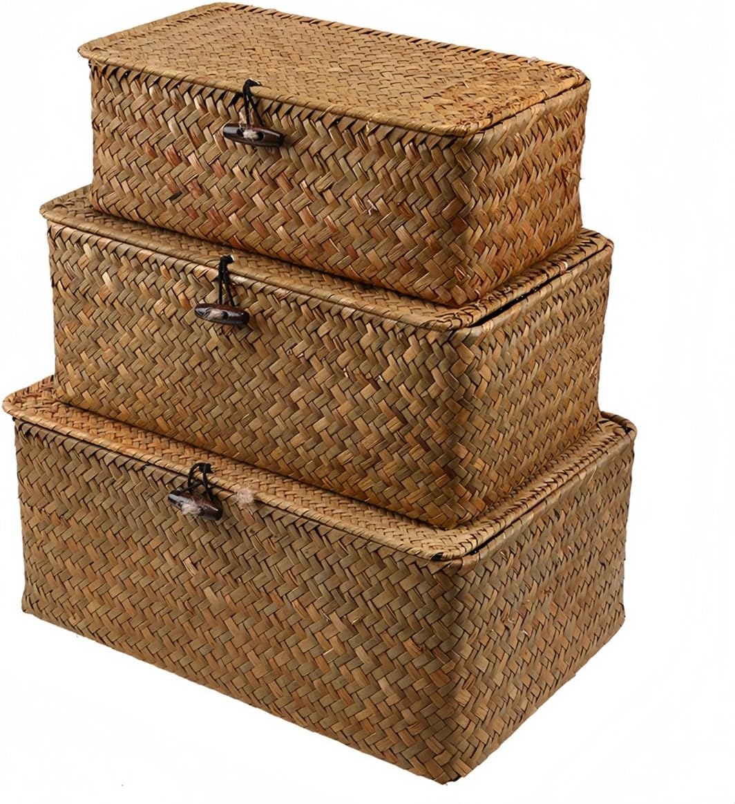 FeiFan 収納バスケット 蓋付き 大容量 海草編み 長方形ボックス 衣類・洗濯物収納 おしゃれ インテリア ランドリーバスケット