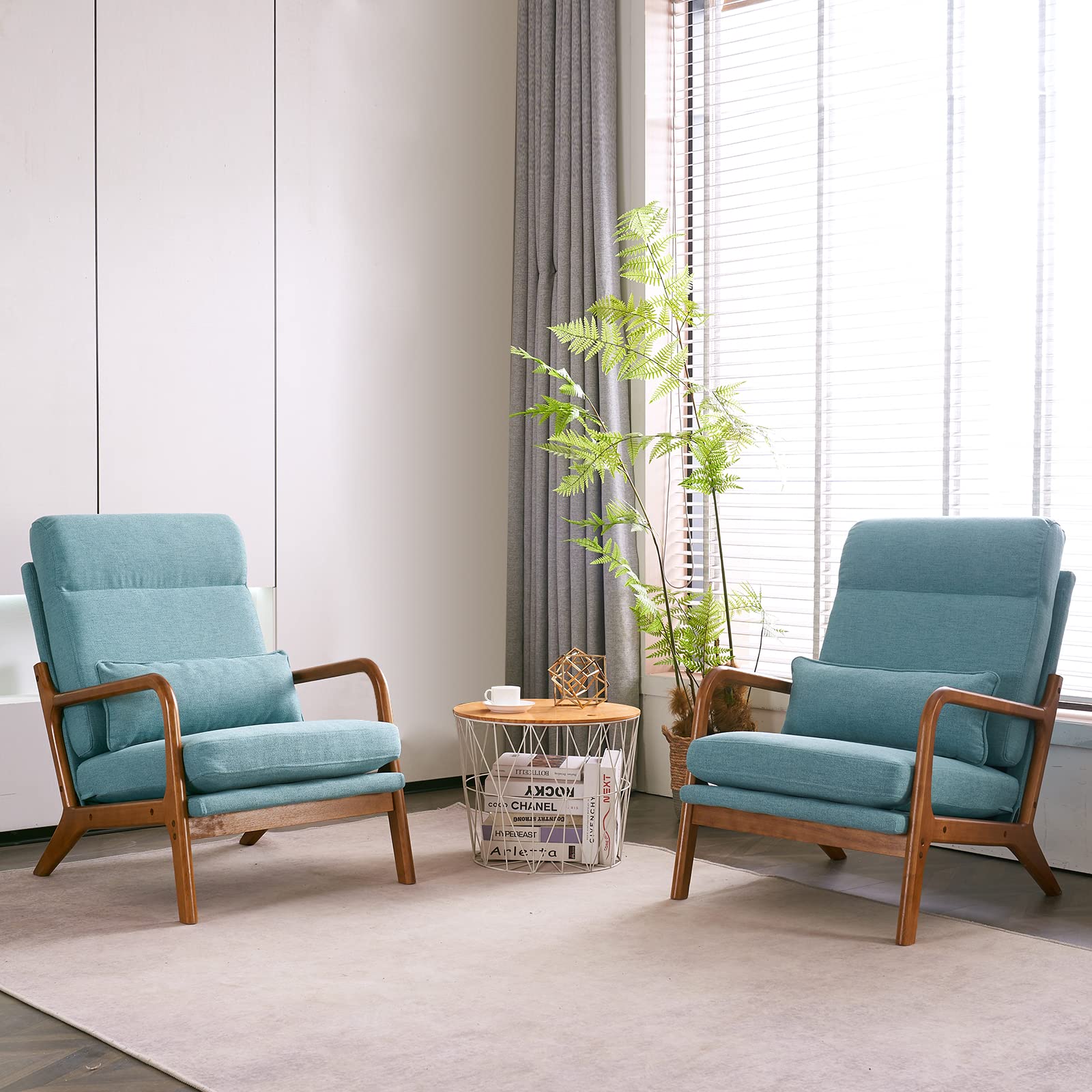 Bonnlo High Back Teal Accent Chairs Set of 2, Upholstered Mid Century Modern Lounge Chairs Reading Chairs Side Sitting Chair Solid Wood Farmhouse
