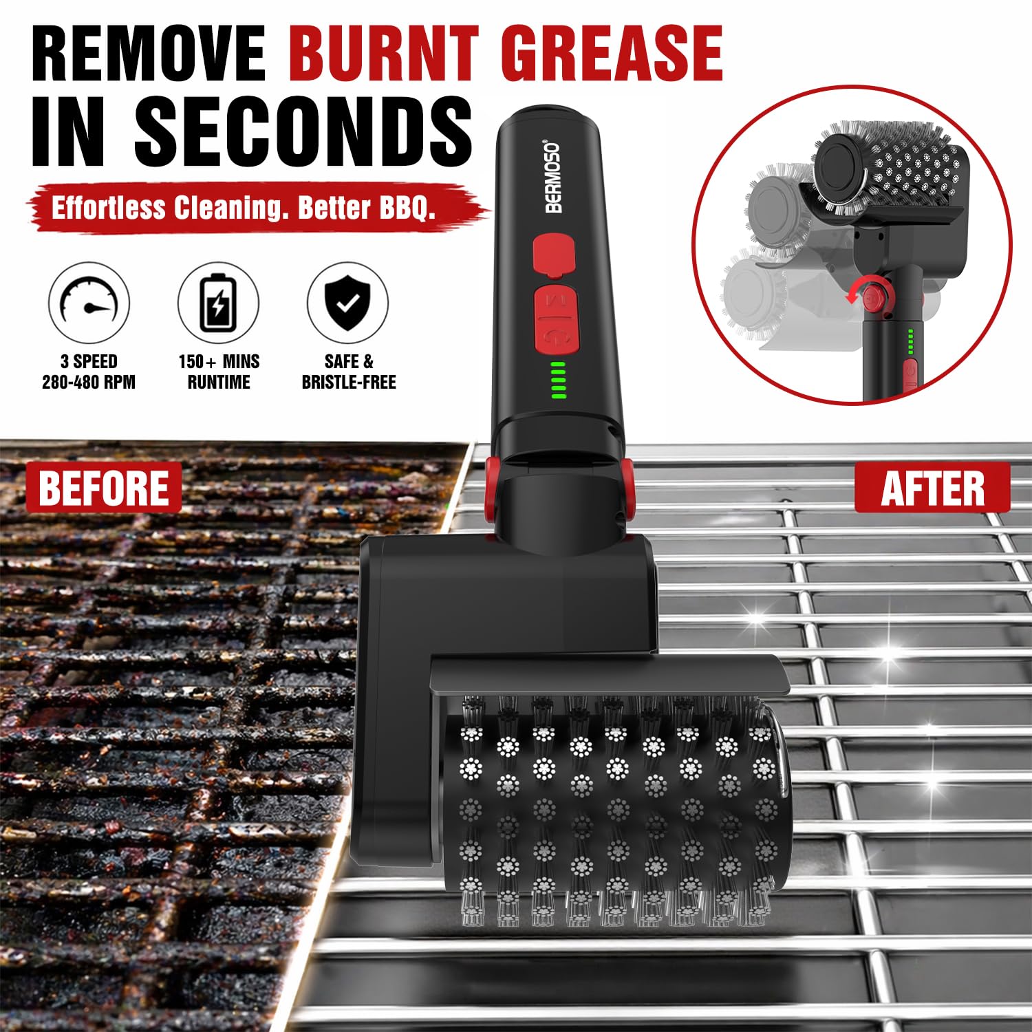 Electric Grill Brush, Cordless BBQ Grill Cleaner Tool for Effortless Cleaning, Remove Burnt Grease, 3-Speed & 3 Heads, 150+ Min Runtime, Waterproof &Type-C Safe Grill Brush for Barbecue Outdoor Grills - 2
