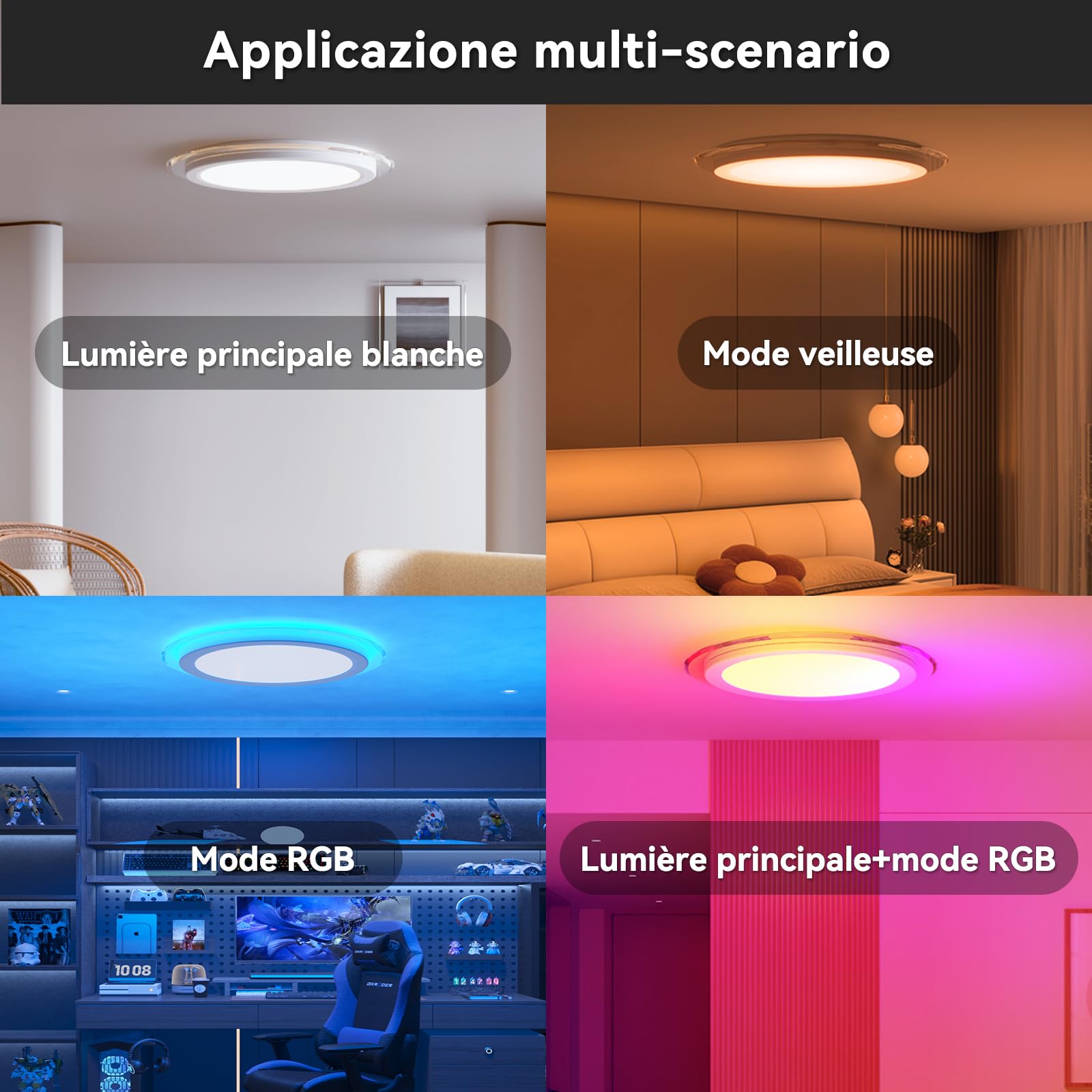 Plafonnier LED avec Design Anneau Planétaire, Télécommande 24W 7 Couleurs RGB, Lampe de Plafond Rond IP44, Dimmer 3000-6500K 3600LM pour Chambre, Chambre d'Enfant, Couloir, Salon, Salle de Bain