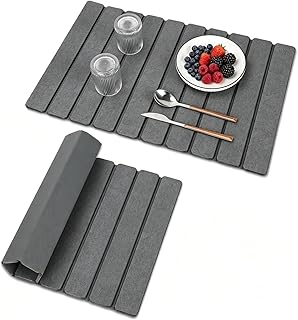 Beslands Large Stone Drying Mat for Kitchen Counter, 24"x16" Diatomaceous Earth Dish Drying Mat with EVA, Quick Dry & Non-Slip Foldable Roll up Stone Mat for Dishes, Bottles, Pots, Sink Dark Gray