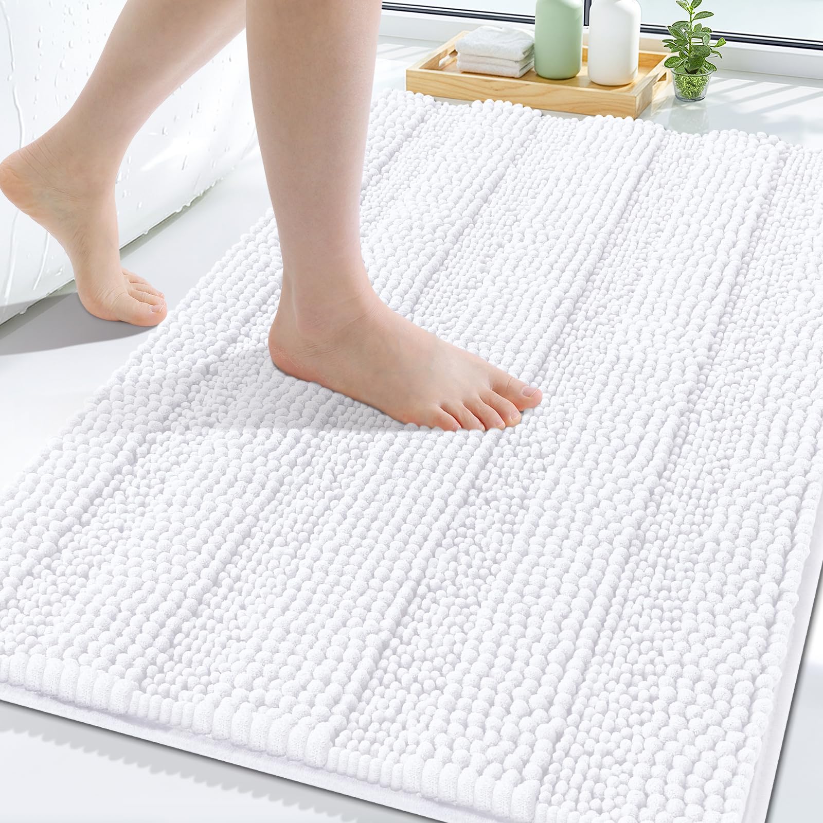 Grandaily Chenille Bathroom Rugs 40x32, Soft Bath Mats, Solid White